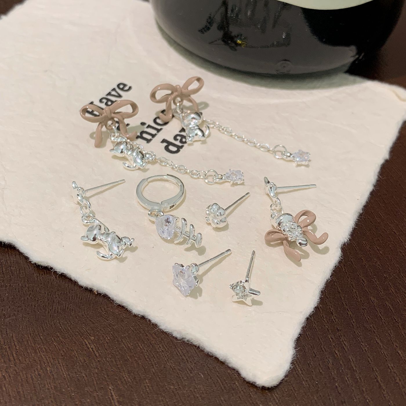 925 Sterling Silver Sweet Cat Bow Zircon Star Earrings Set