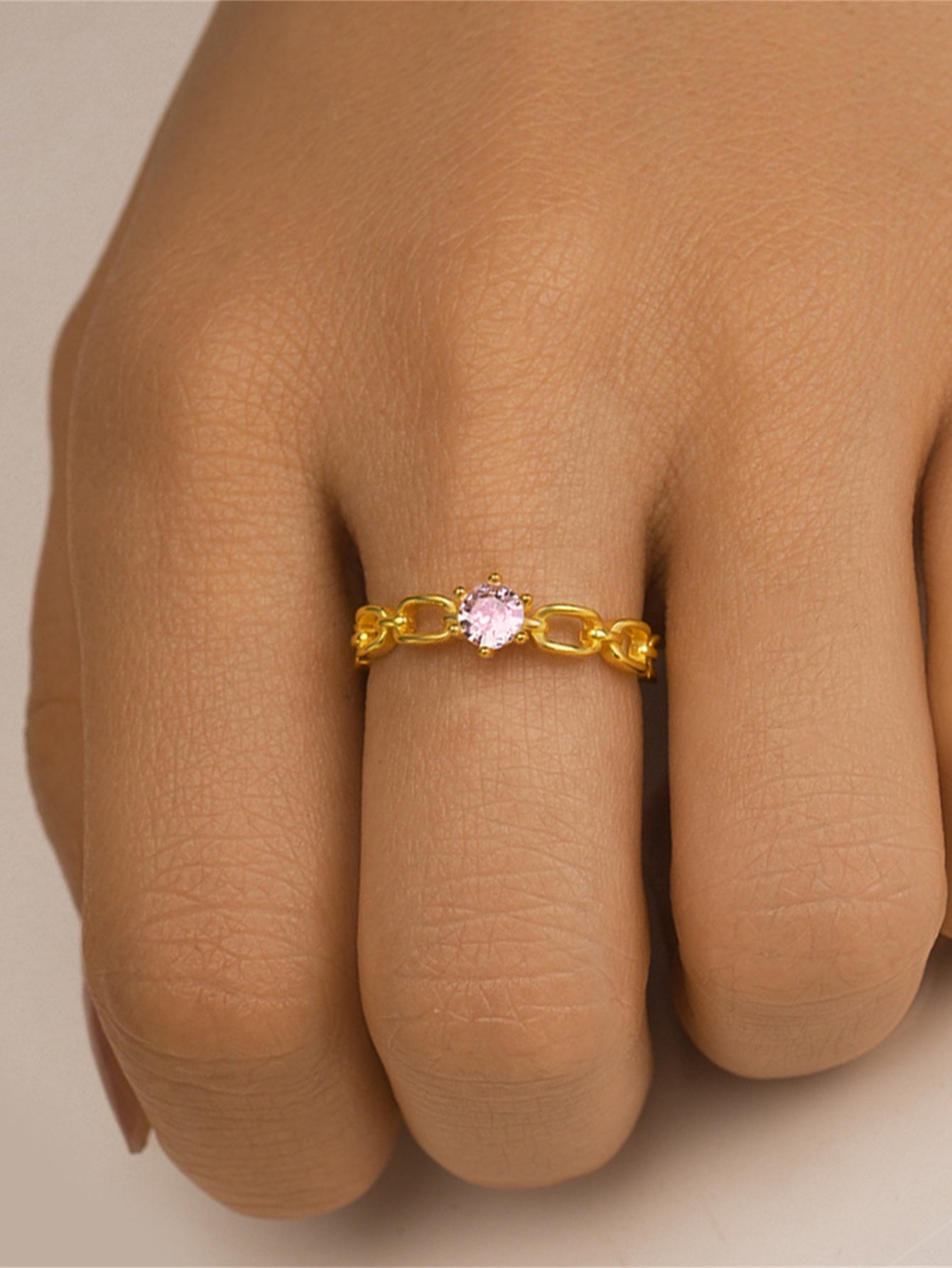 925 Sterling Silver Pink Zircon Chain Open Ring