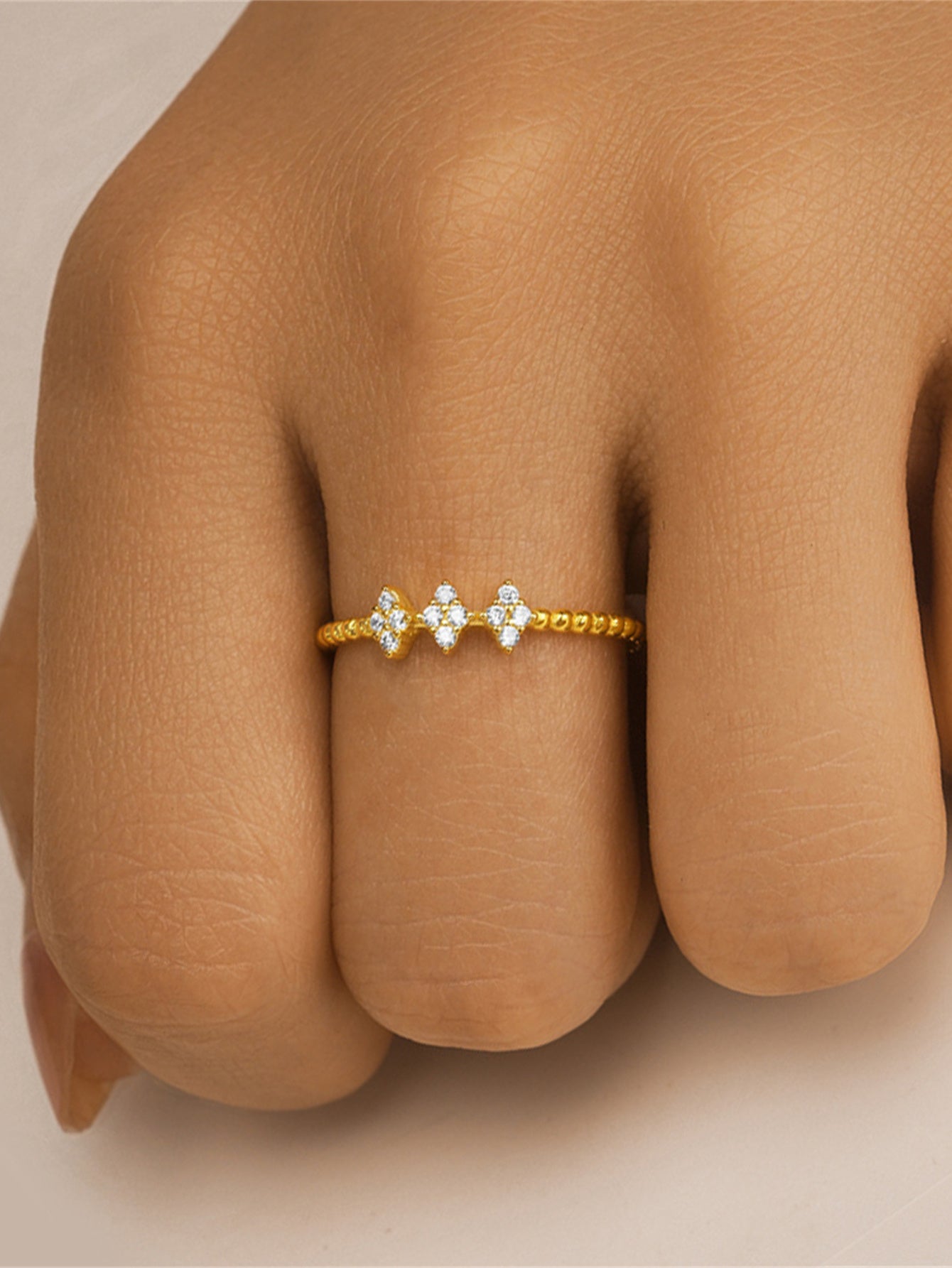 925 Sterling Silver Floral Zircon Beaded Open Ring