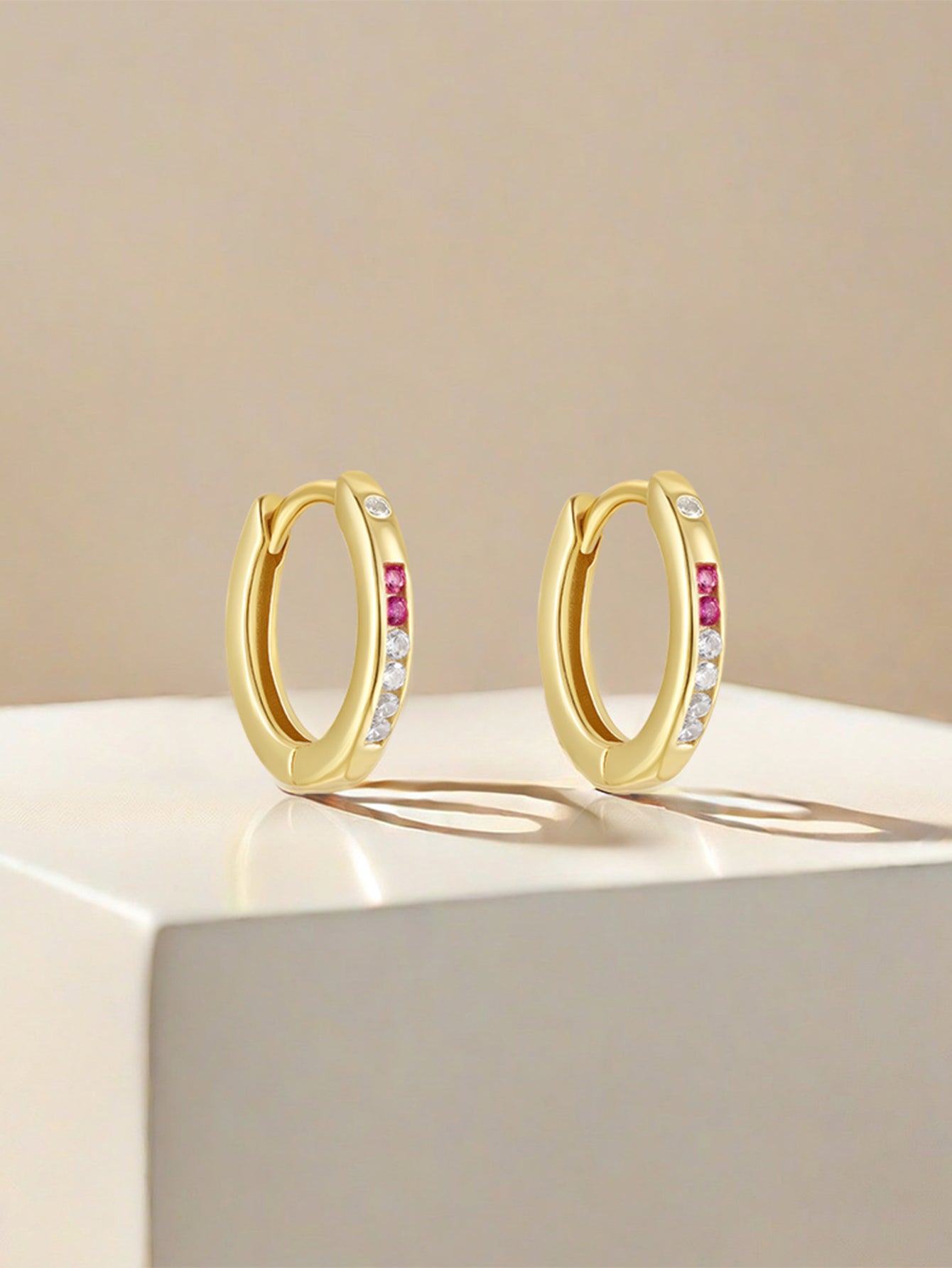 925 Sterling Silver Gold Pink Zircon Huggie Hoop Earrings