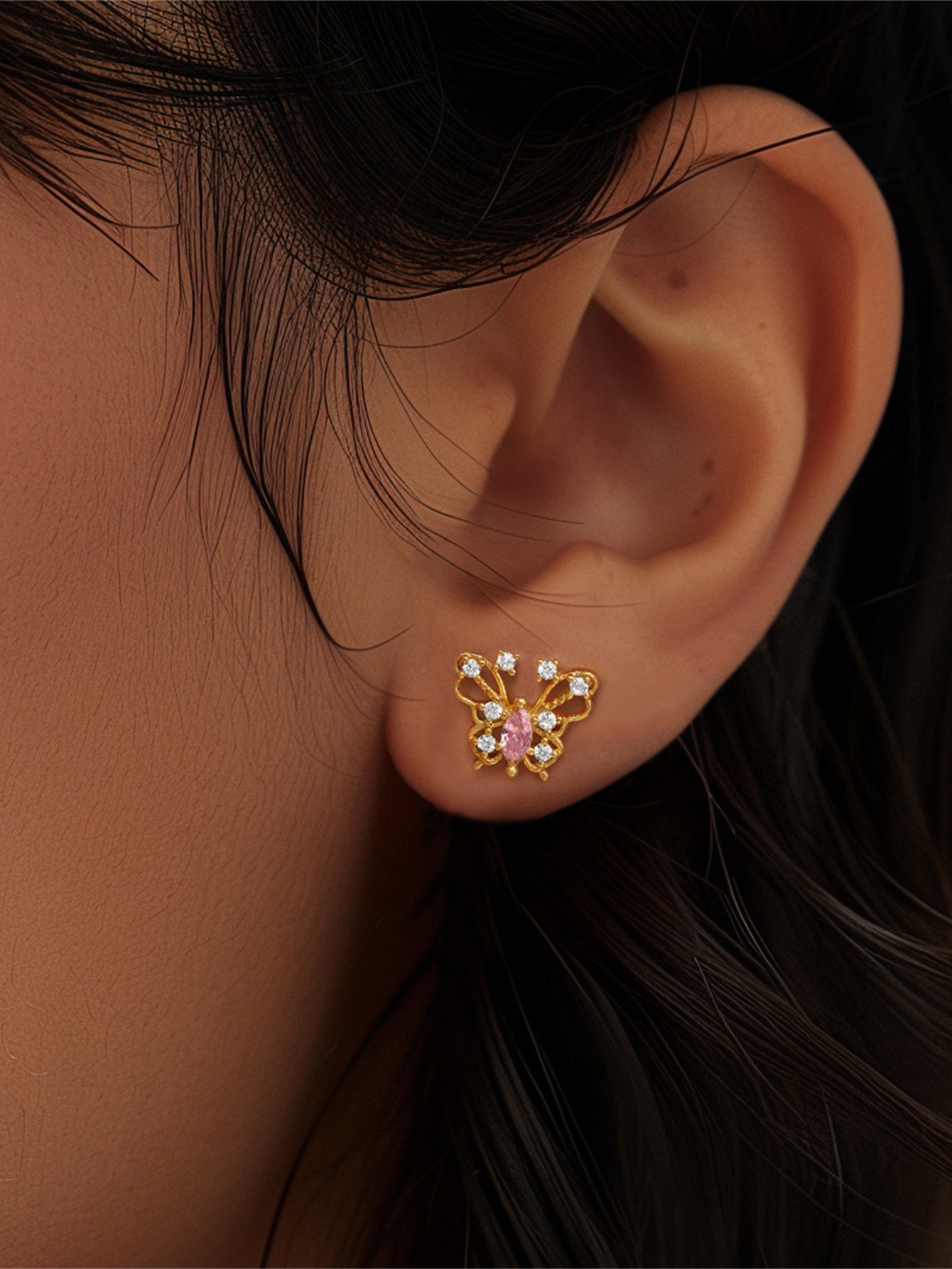 925 Sterling SilverPink Zircon Butterfly Cartilage Stud