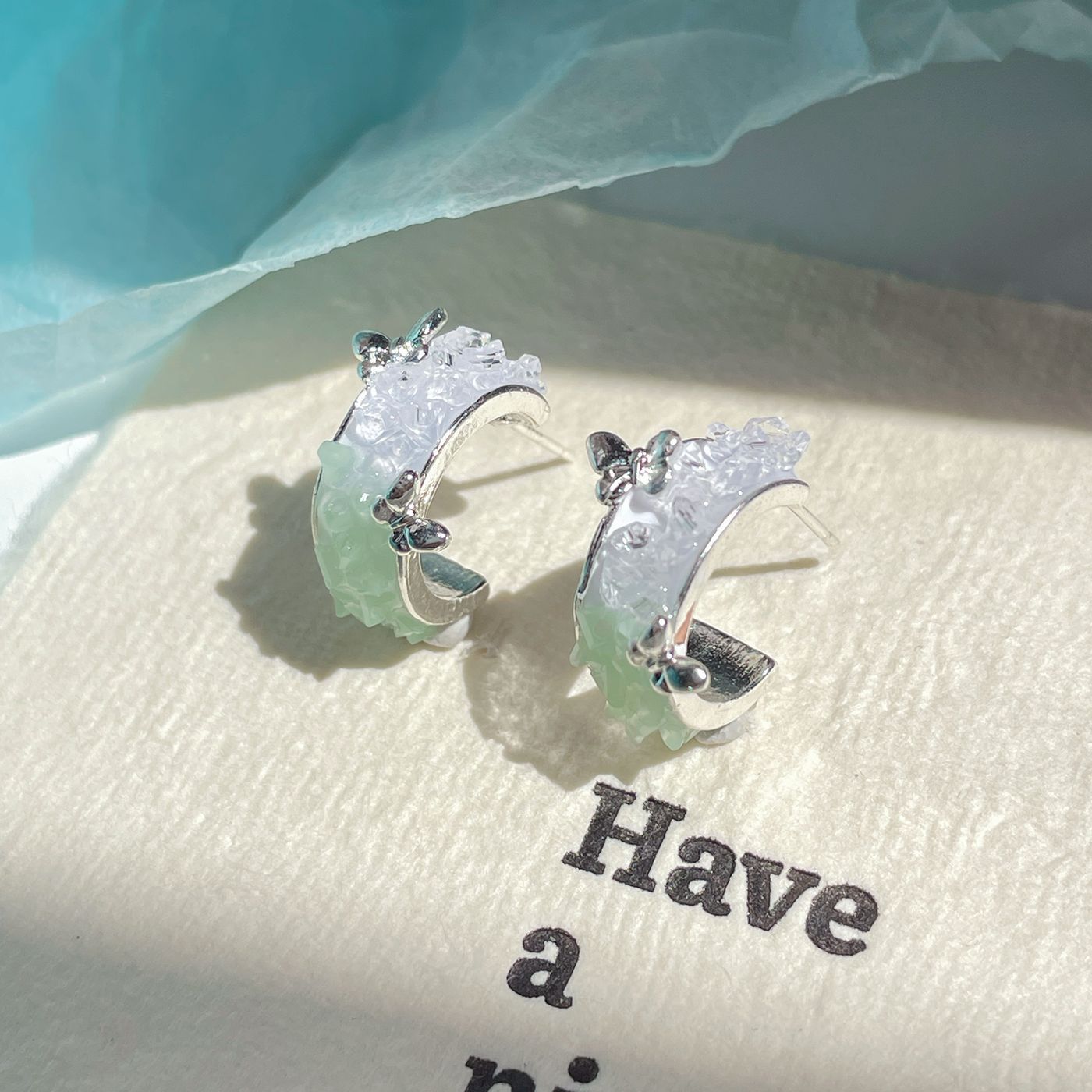 925 Sterling Silver Mint Green Crystal Star Tassel Bow Drop Earrings