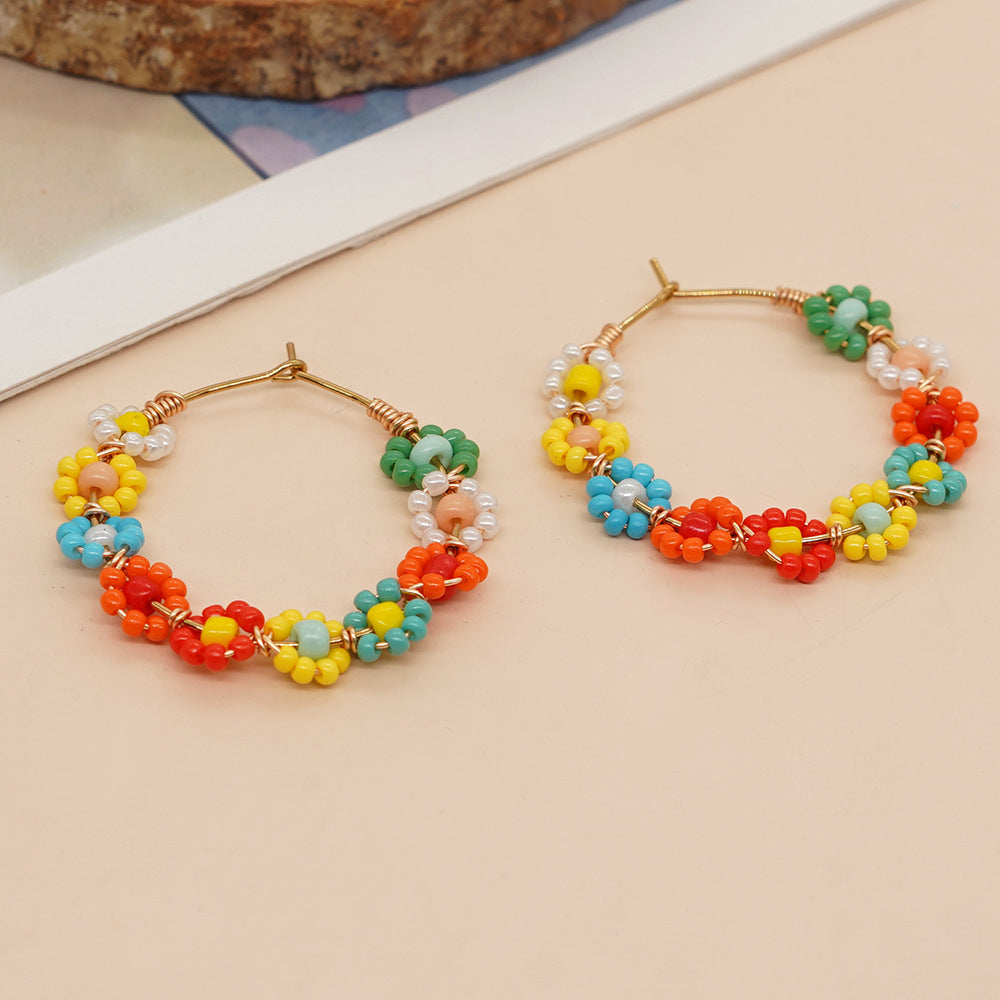 Handmade Multicolor Floral Beaded Hoop Earrings