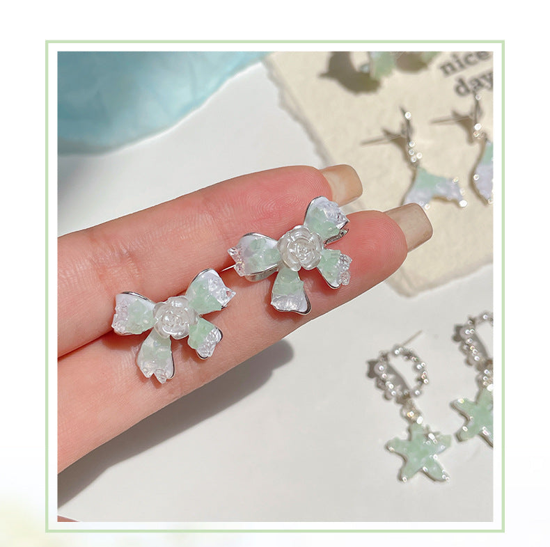 925 Sterling Silver Mint Green Crystal Star Tassel Bow Drop Earrings