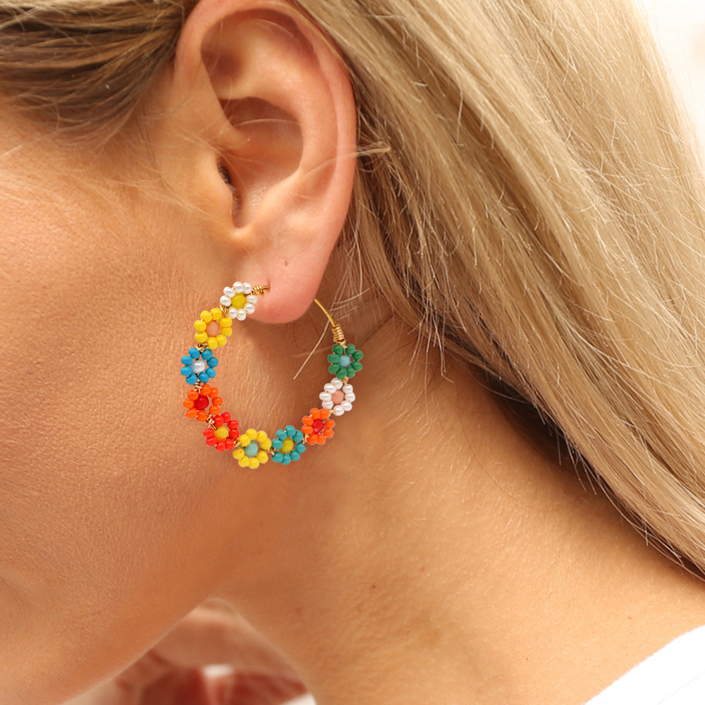Handmade Multicolor Floral Beaded Hoop Earrings