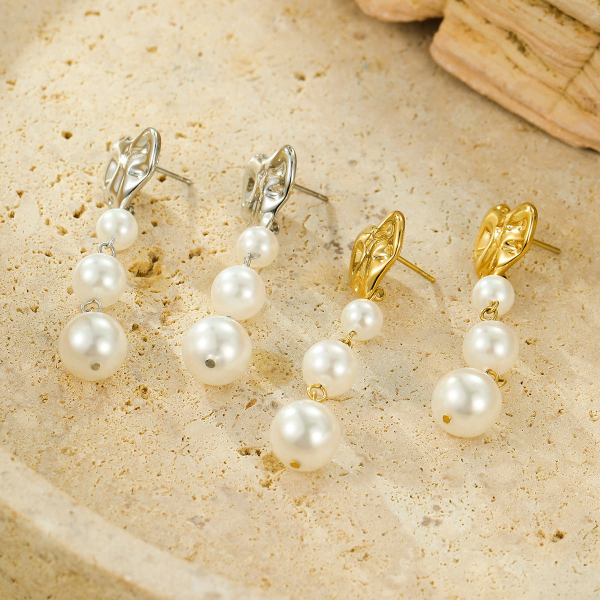 Titanium Triple Pearl Drop Earrings
