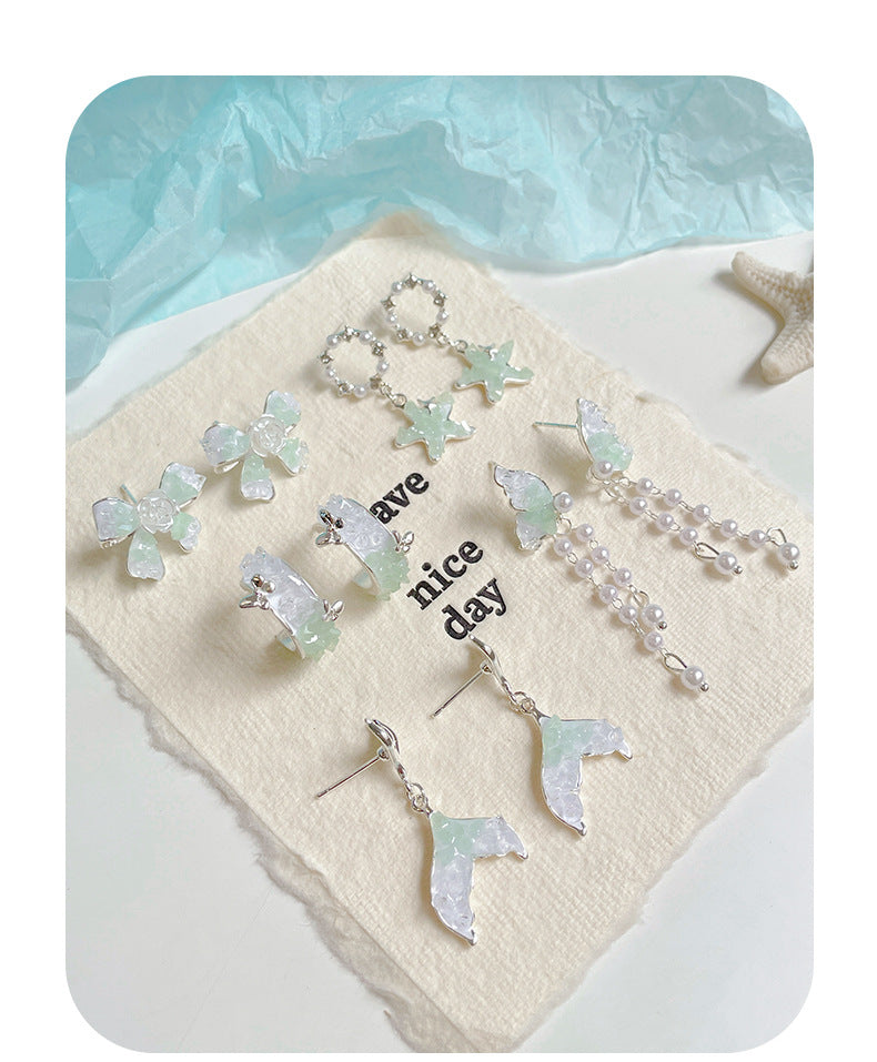 925 Sterling Silver Mint Green Crystal Star Tassel Bow Drop Earrings
