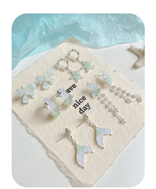 925 Sterling Silver Mint Green Crystal Star Tassel Bow Drop Earrings
