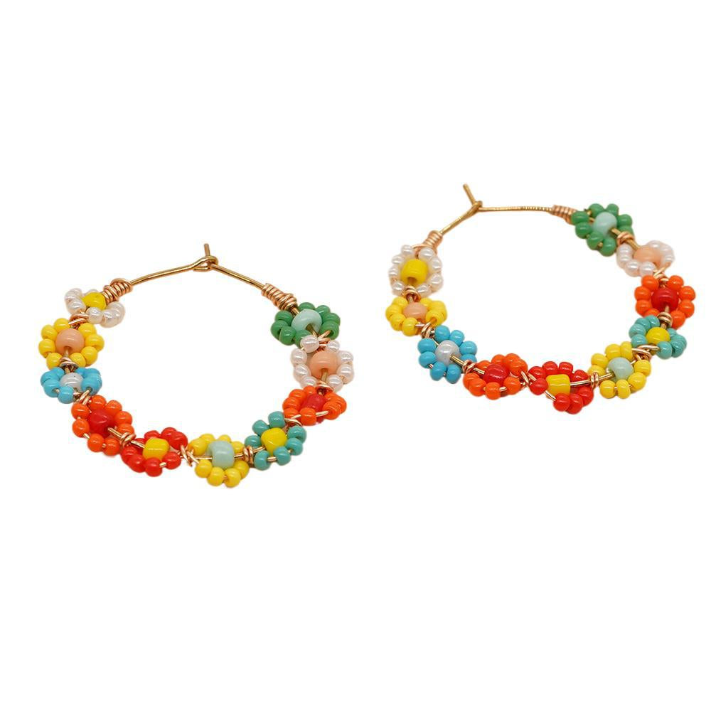 Handmade Multicolor Floral Beaded Hoop Earrings
