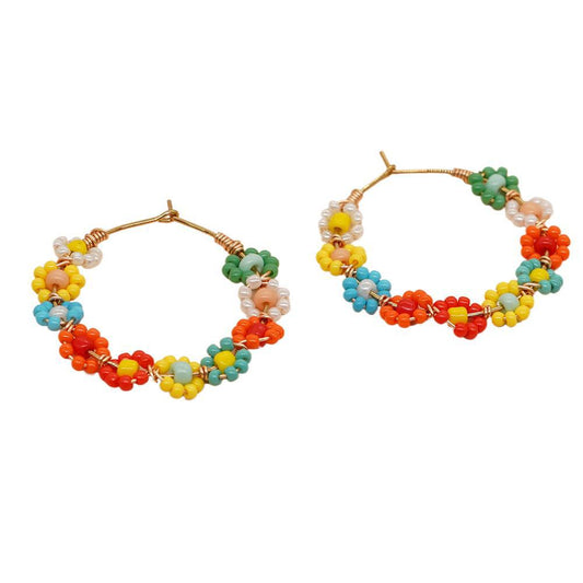 Handmade Multicolor Floral Beaded Hoop Earrings