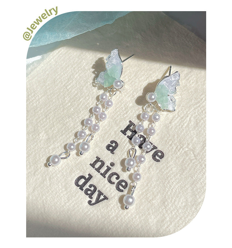 925 Sterling Silver Mint Green Crystal Star Tassel Bow Drop Earrings