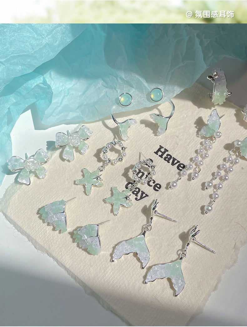 925 Sterling Silver Mint Green Crystal Star Tassel Bow Drop Earrings