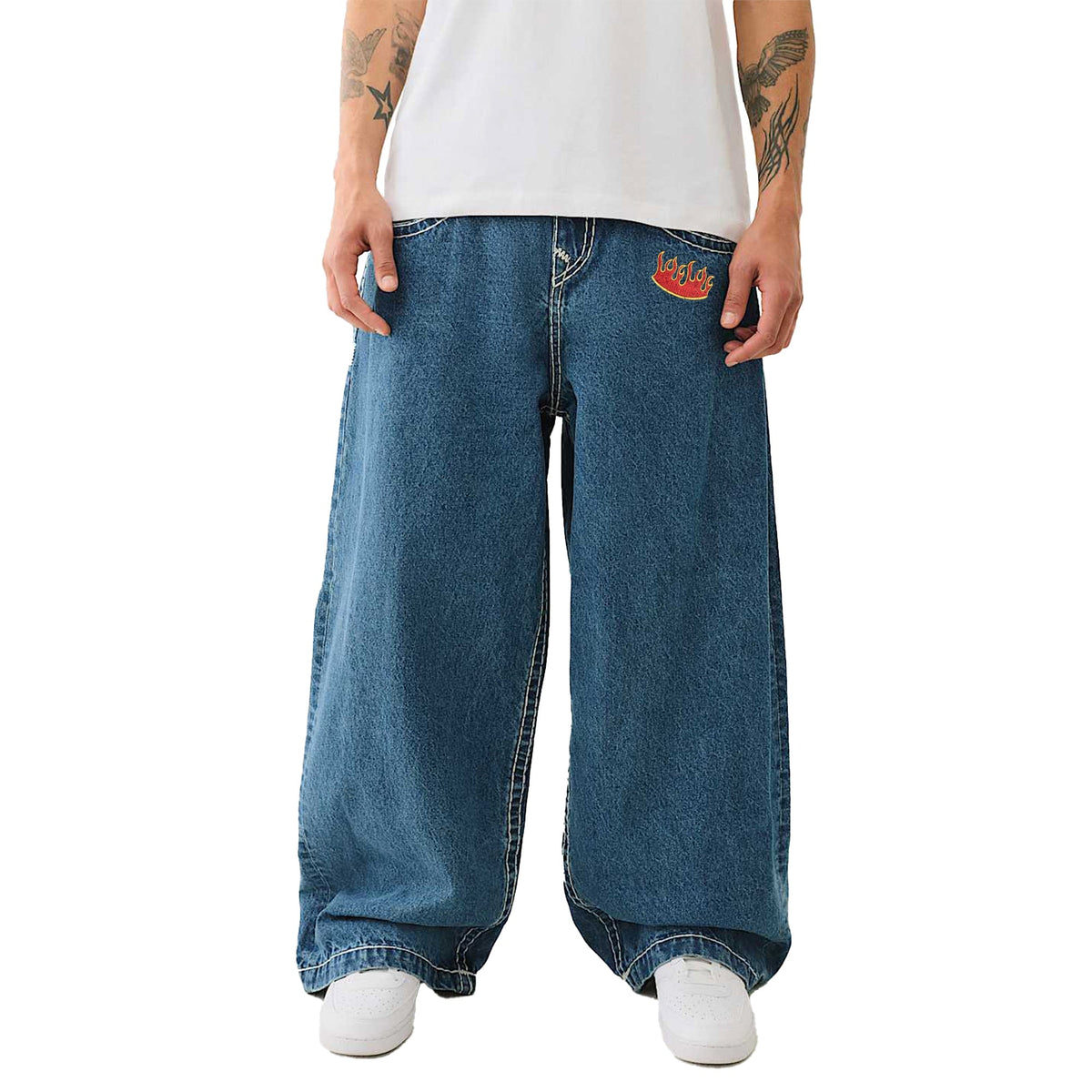 Baggy Embroidered Jeans with Flame Dice & Logo Patch