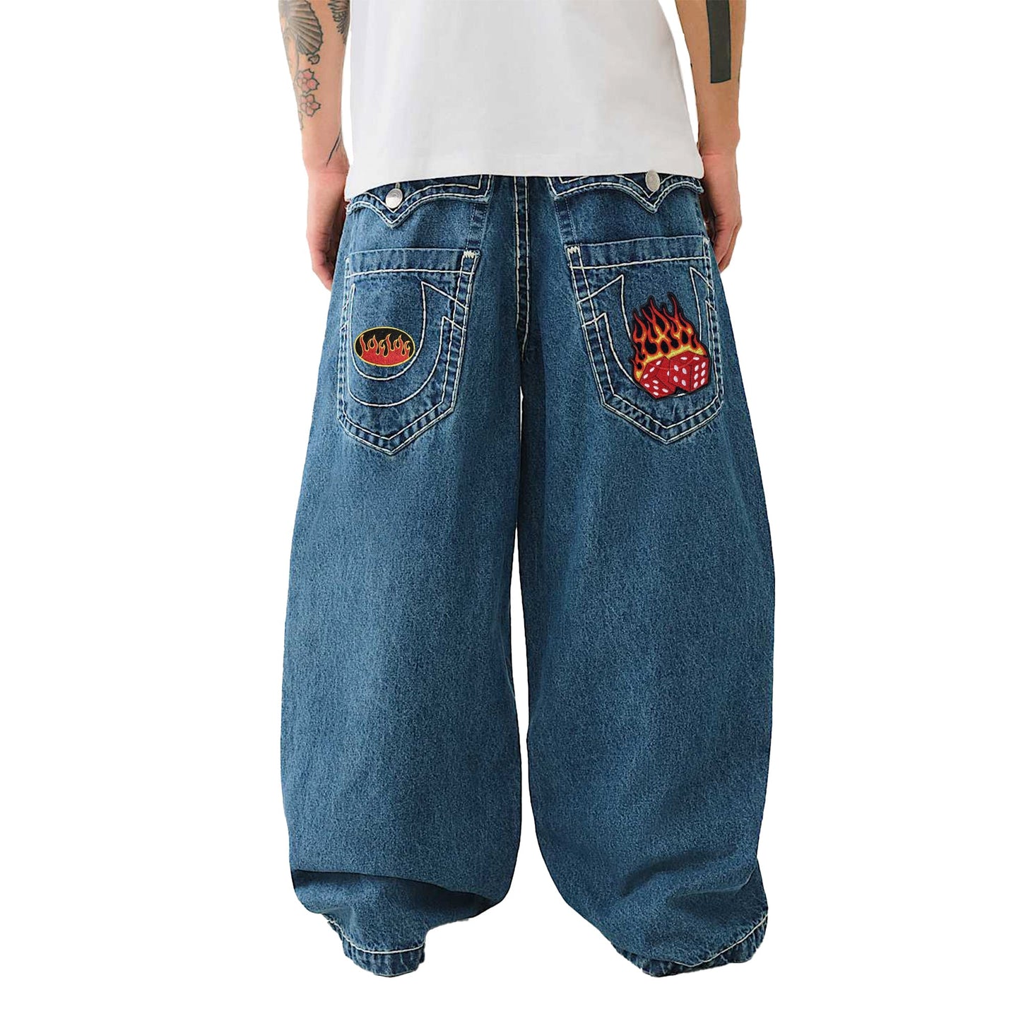 Baggy Embroidered Jeans with Flame Dice & Logo Patch