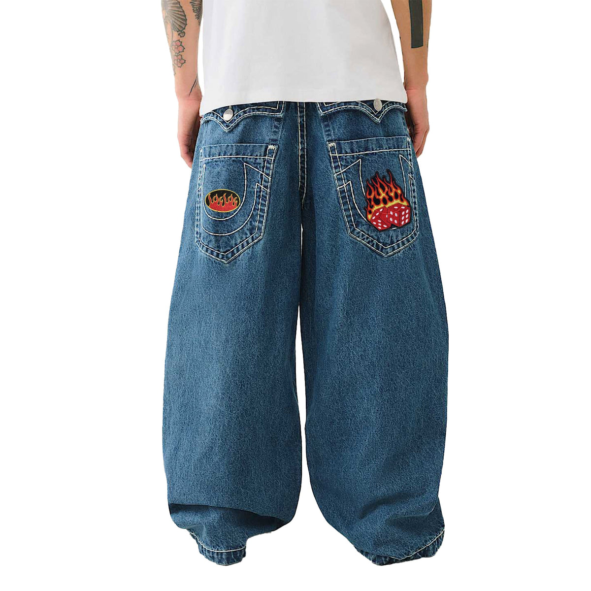 Baggy Embroidered Jeans with Flame Dice & Logo Patch