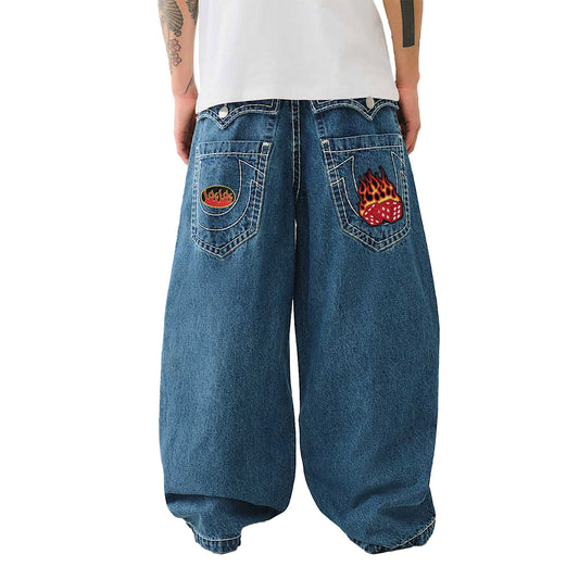 Baggy Embroidered Jeans with Flame Dice & Logo Patch