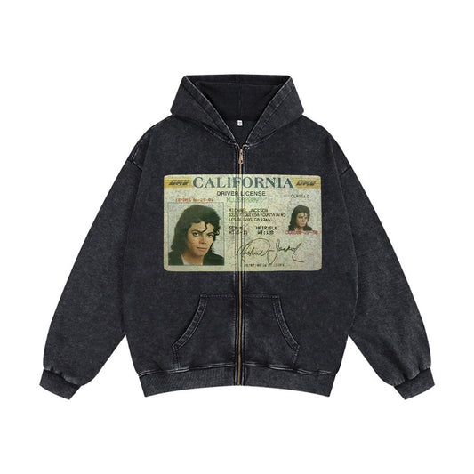 Evokyn Vintage washed Michael Jackson ID graphic zip-up hoodie