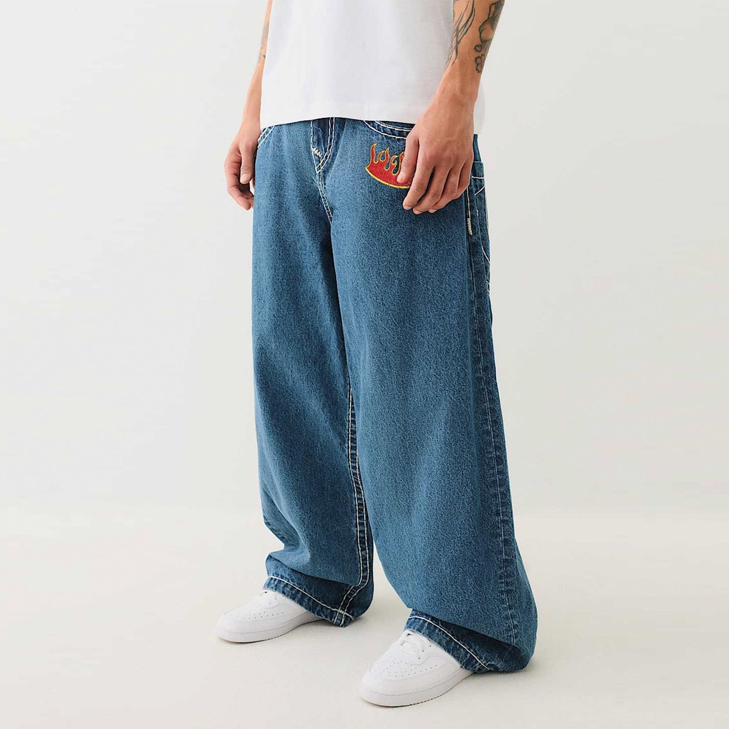 Baggy Embroidered Jeans with Flame Dice & Logo Patch
