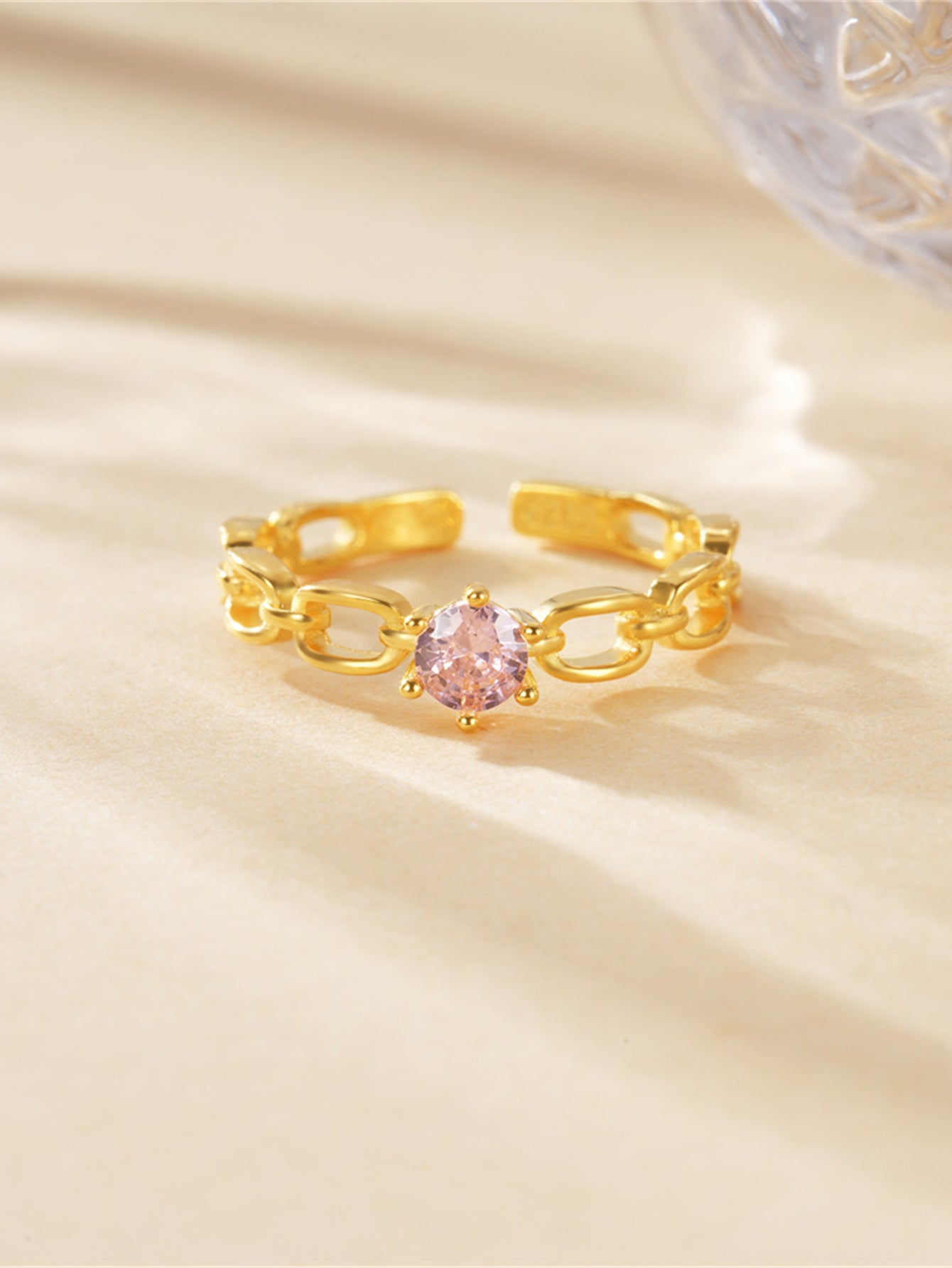 925 Sterling Silver Pink Zircon Chain Open Ring