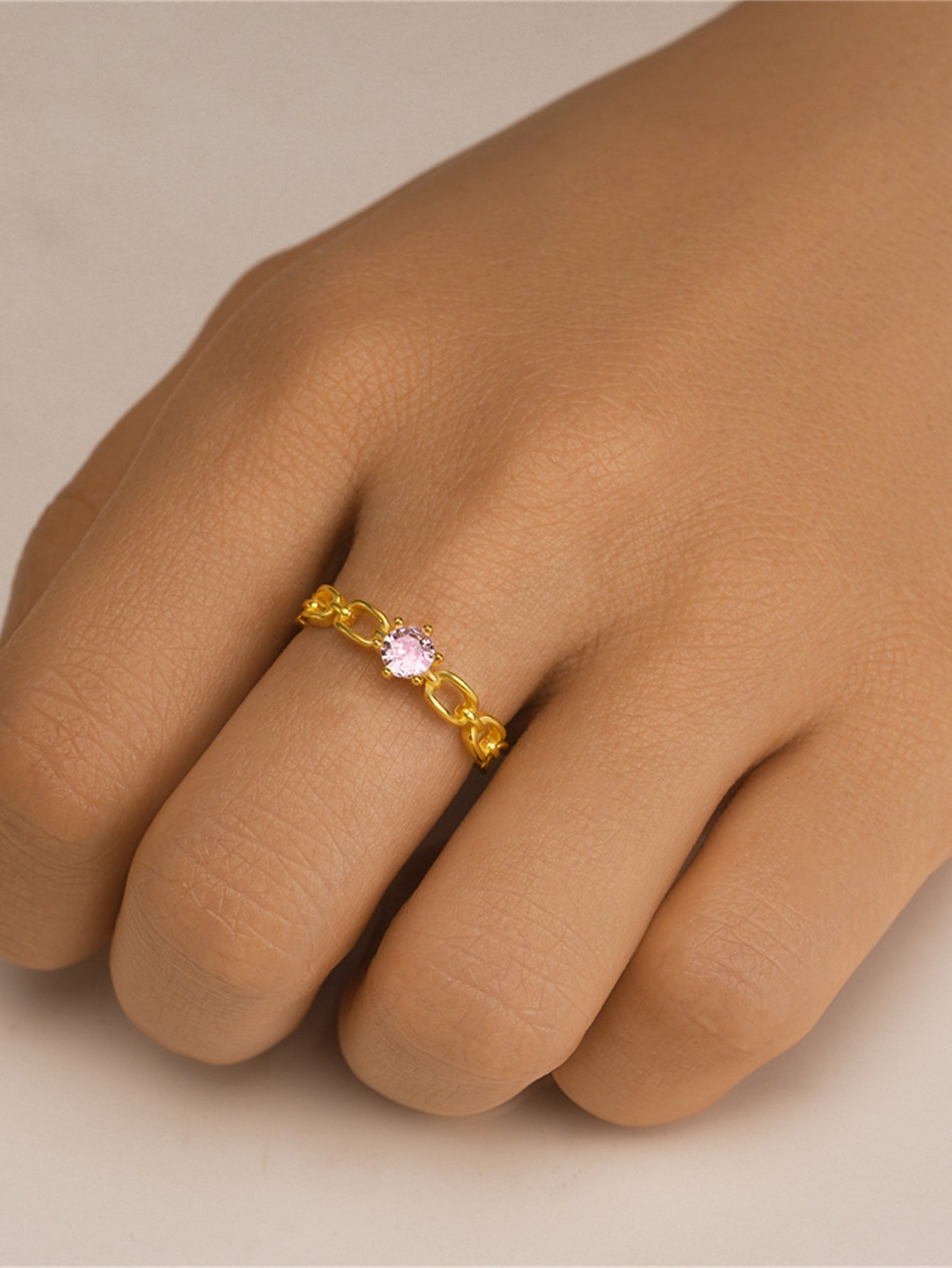 925 Sterling Silver Pink Zircon Chain Open Ring