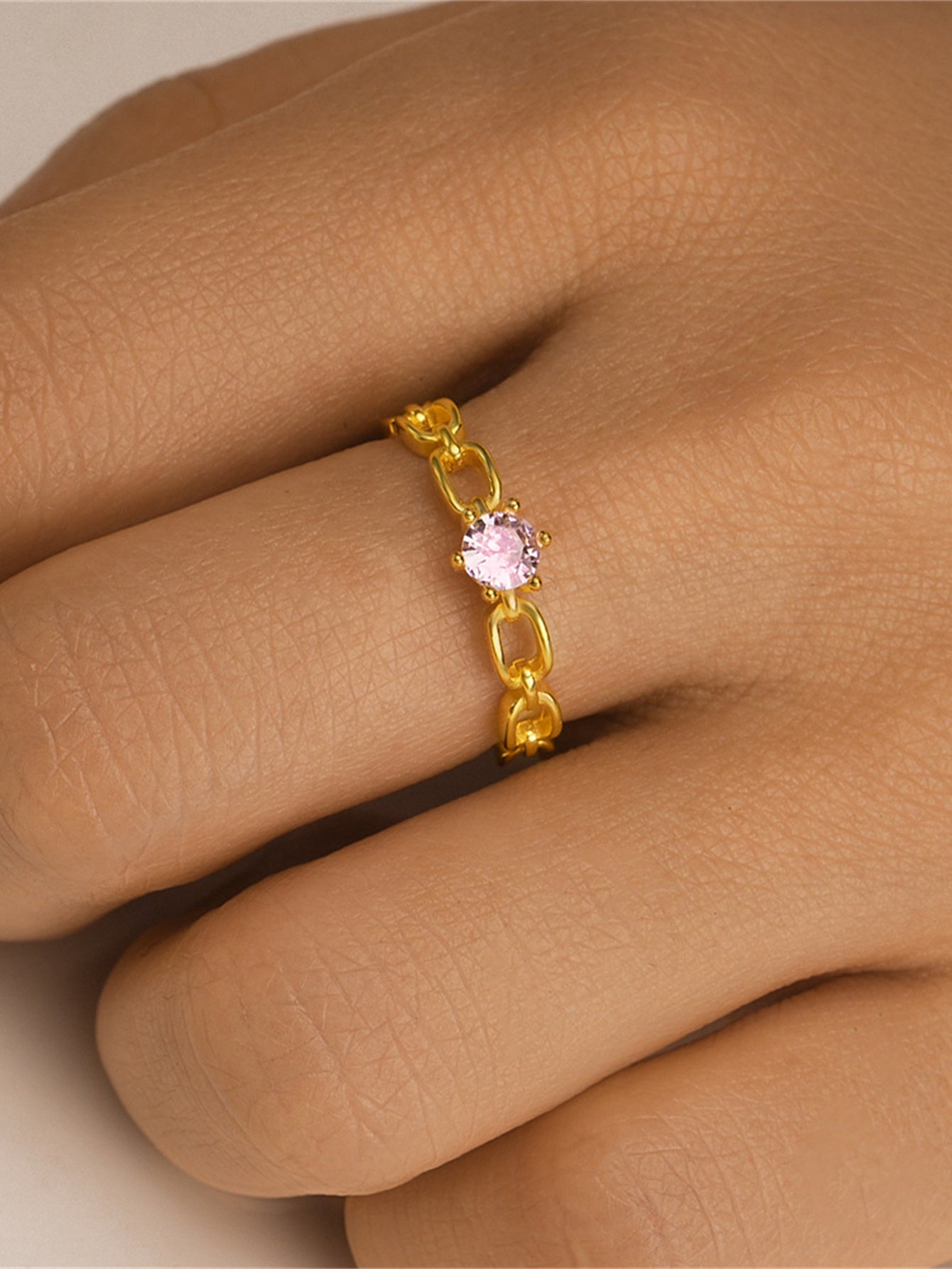 925 Sterling Silver Pink Zircon Chain Open Ring