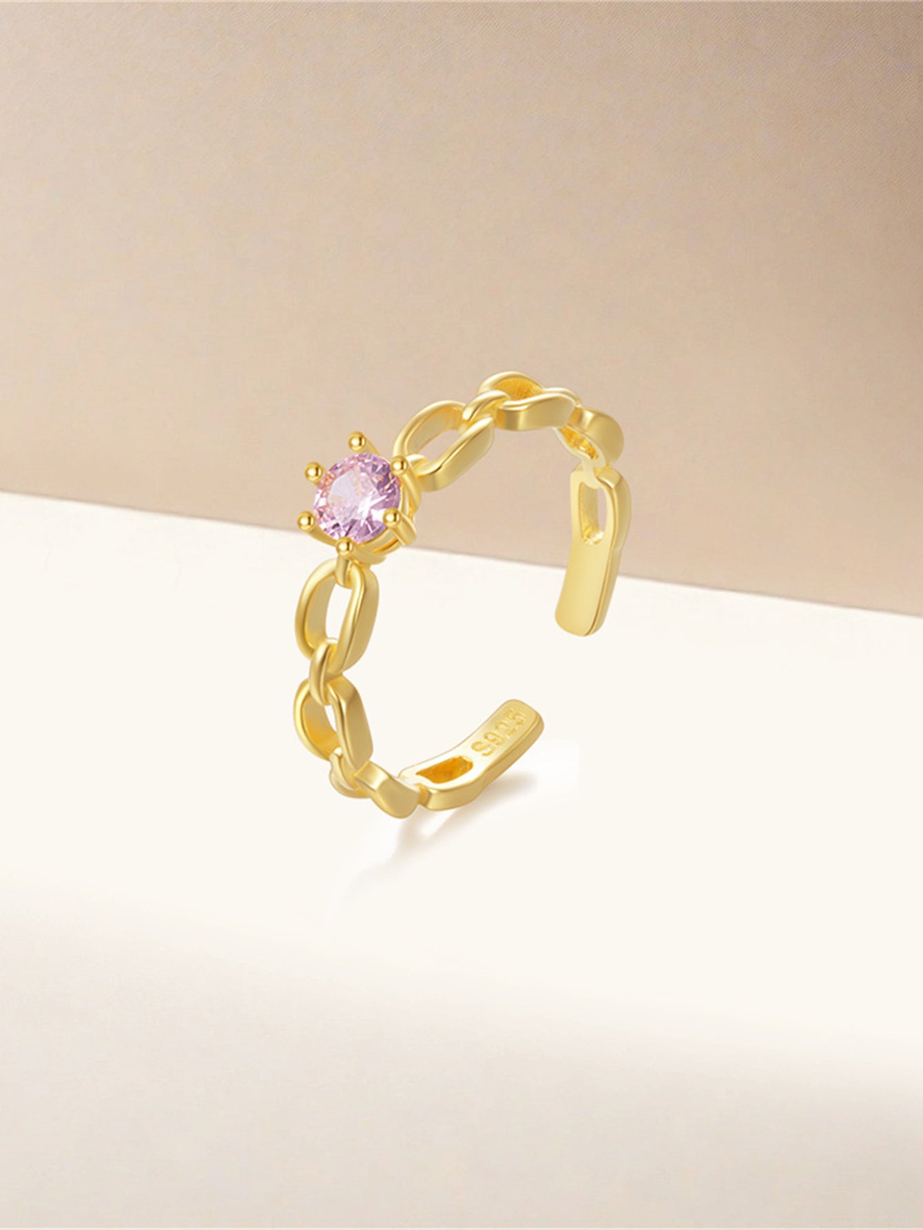 925 Sterling Silver Pink Zircon Chain Open Ring