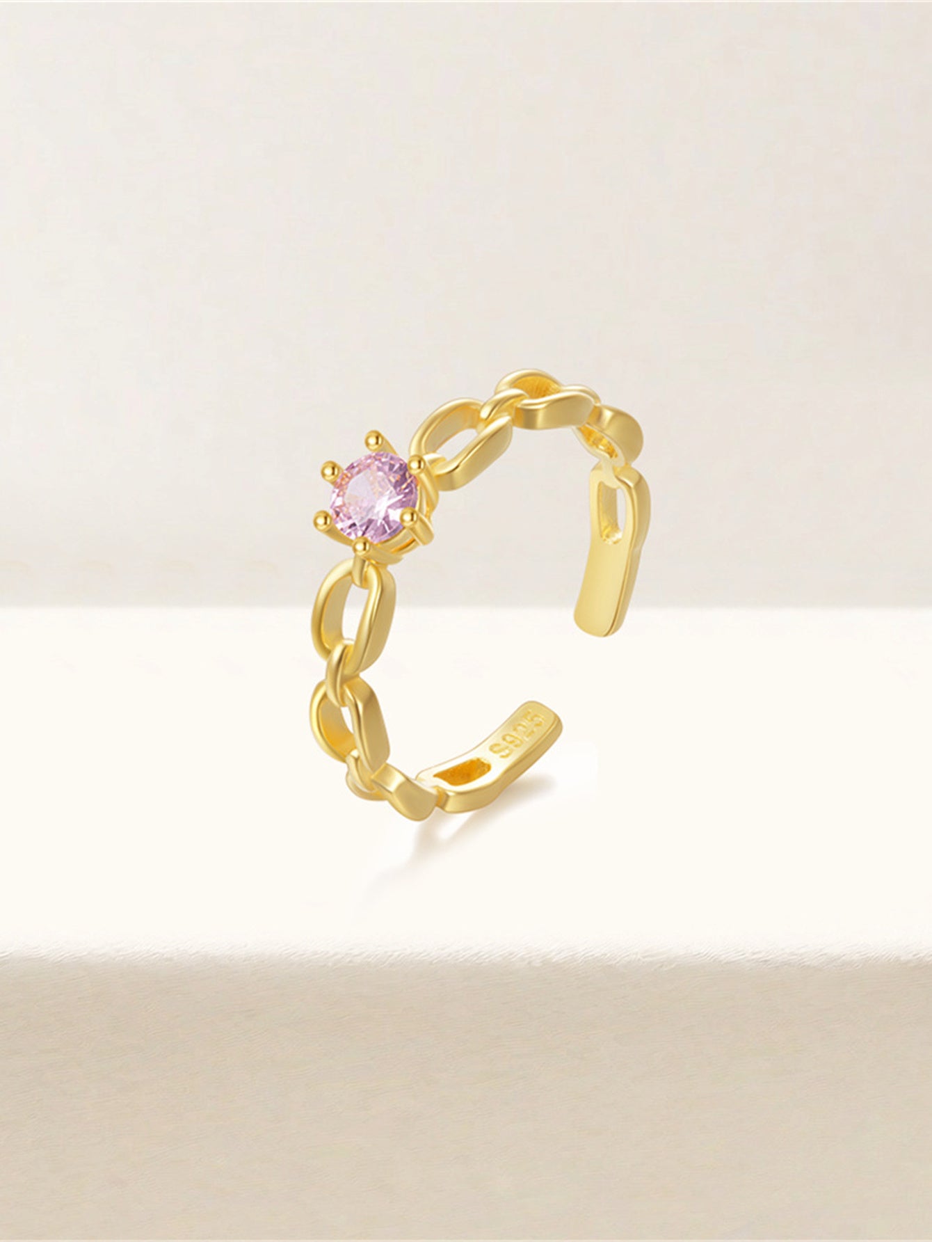 925 Sterling Silver Pink Zircon Chain Open Ring