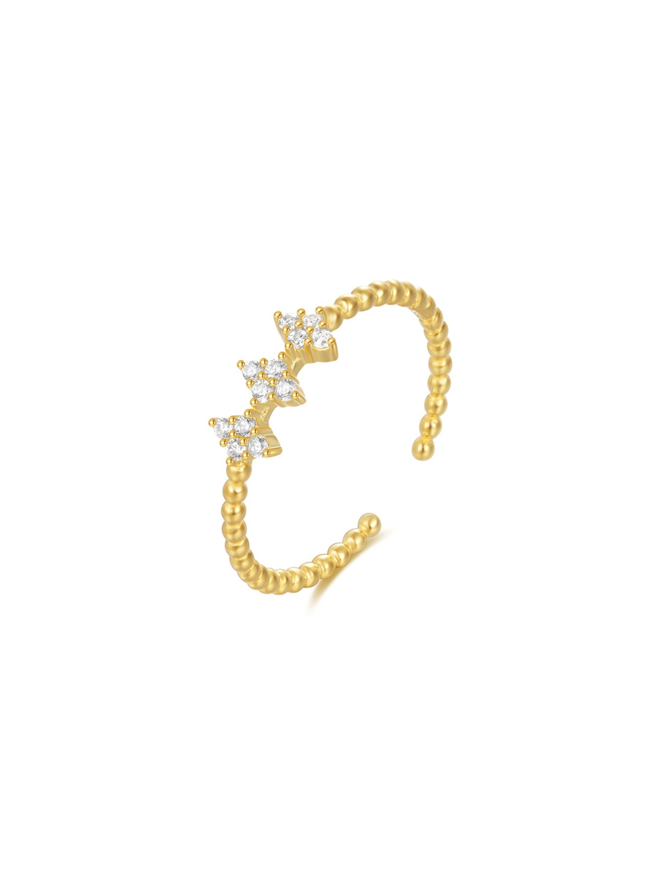 925 Sterling Silver Floral Zircon Beaded Open Ring