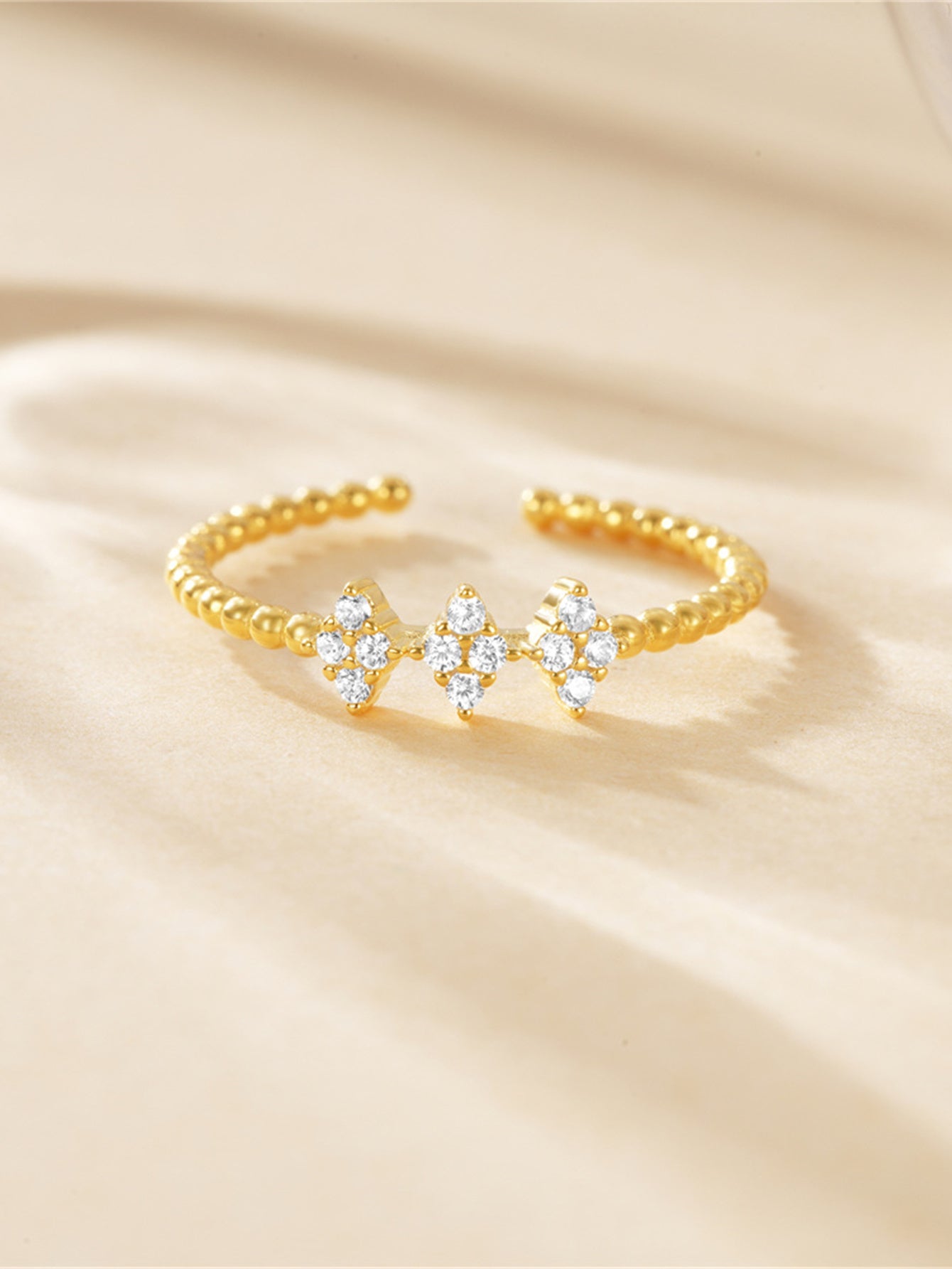 925 Sterling Silver Floral Zircon Beaded Open Ring