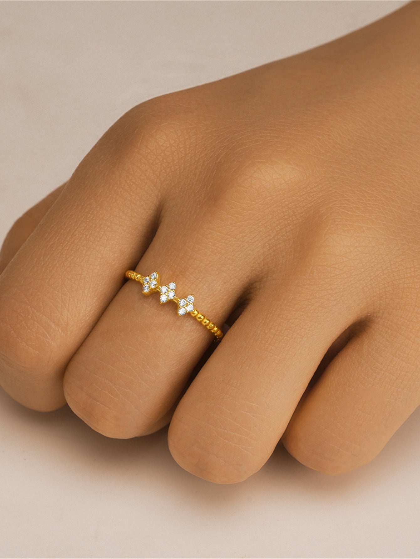 925 Sterling Silver Floral Zircon Beaded Open Ring