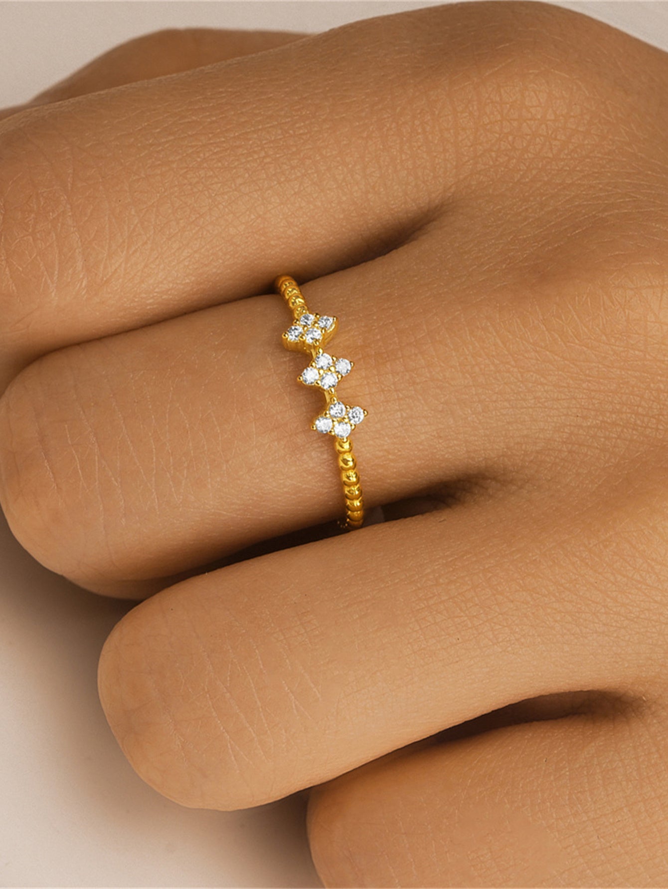 925 Sterling Silver Floral Zircon Beaded Open Ring