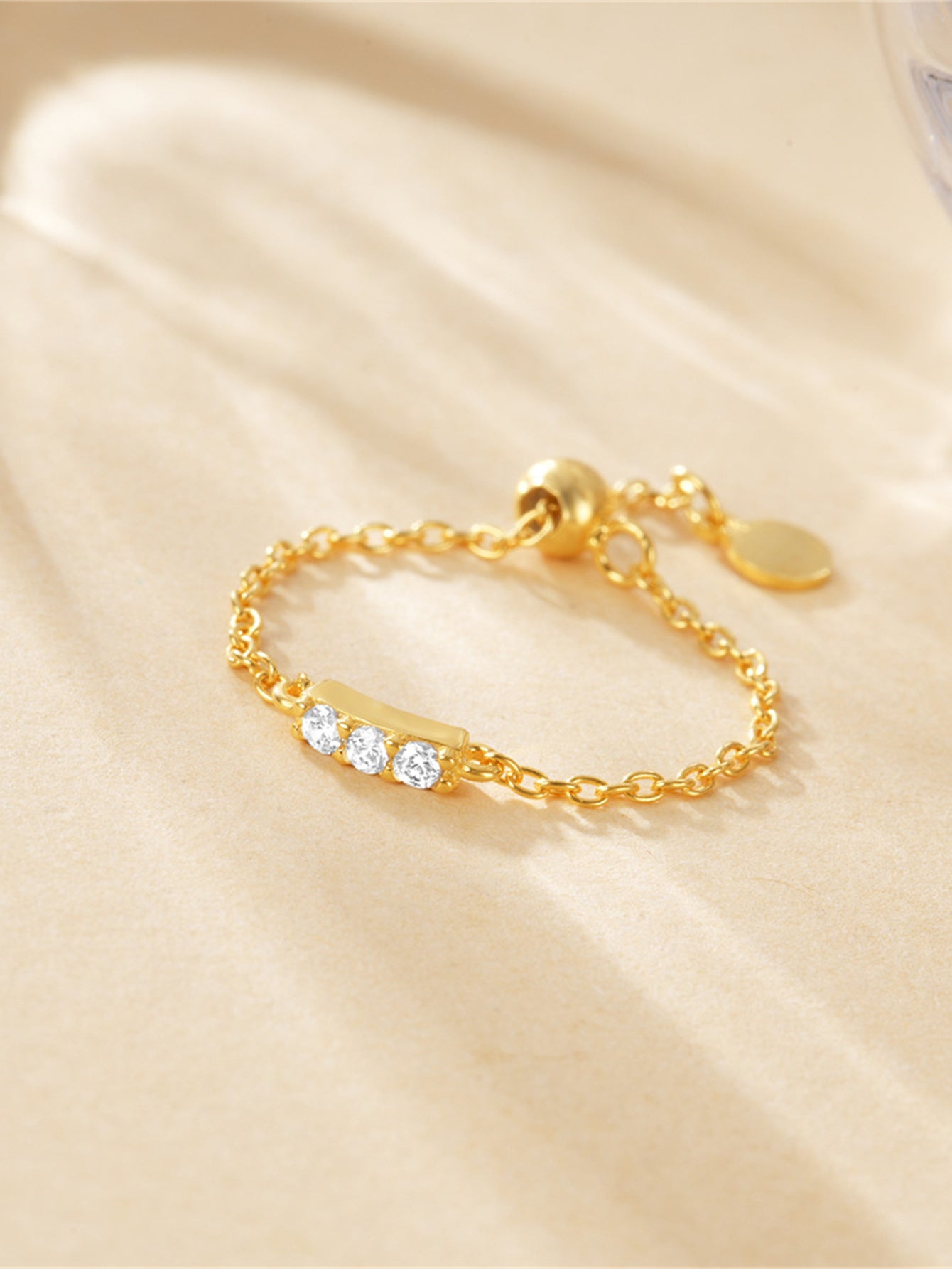 925 Sterling Silver Triple Zircon Adjustable Chain Ring