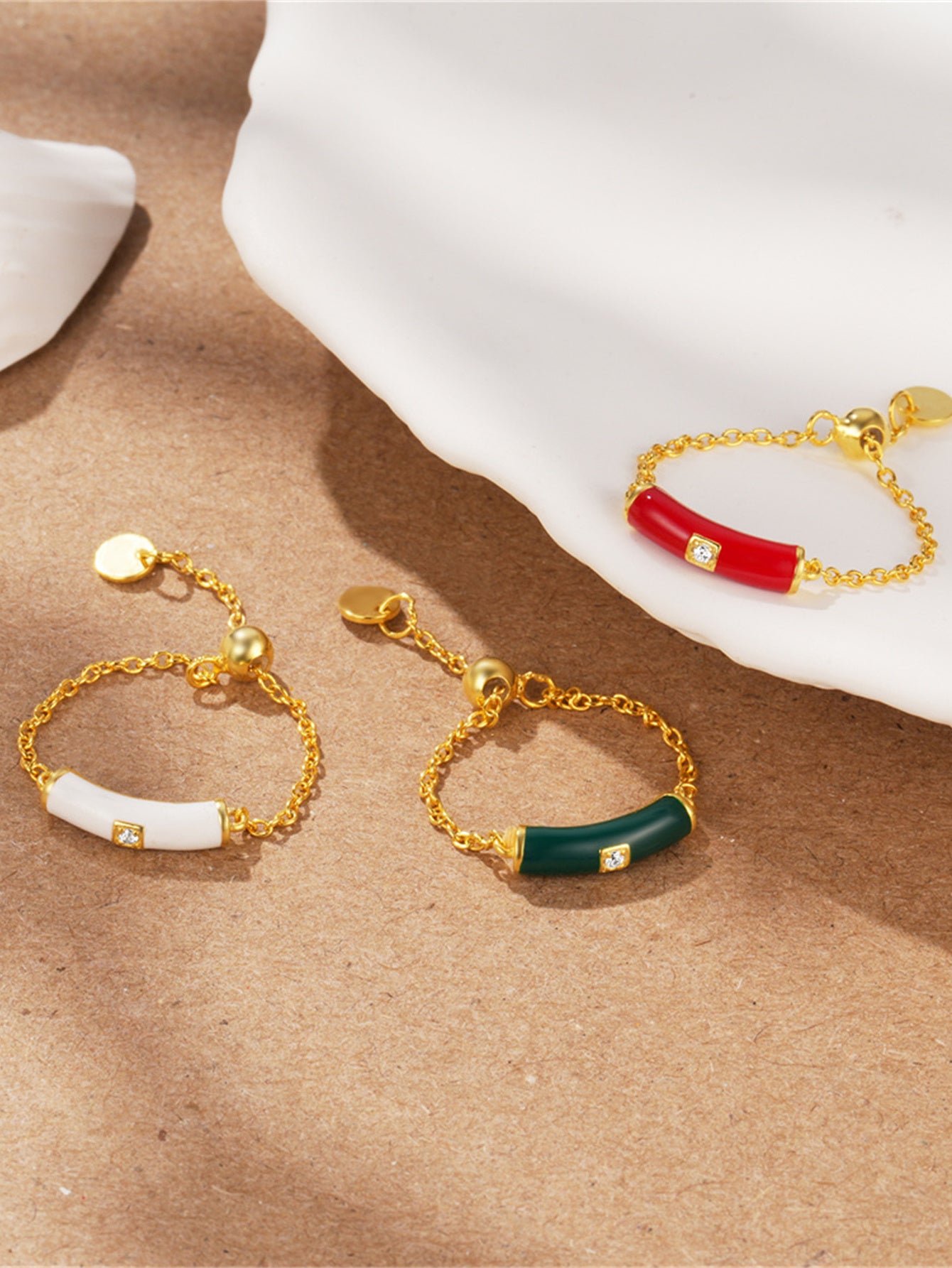 925 Sterling Silver Colorful Ceramic Zircon Chain Ring