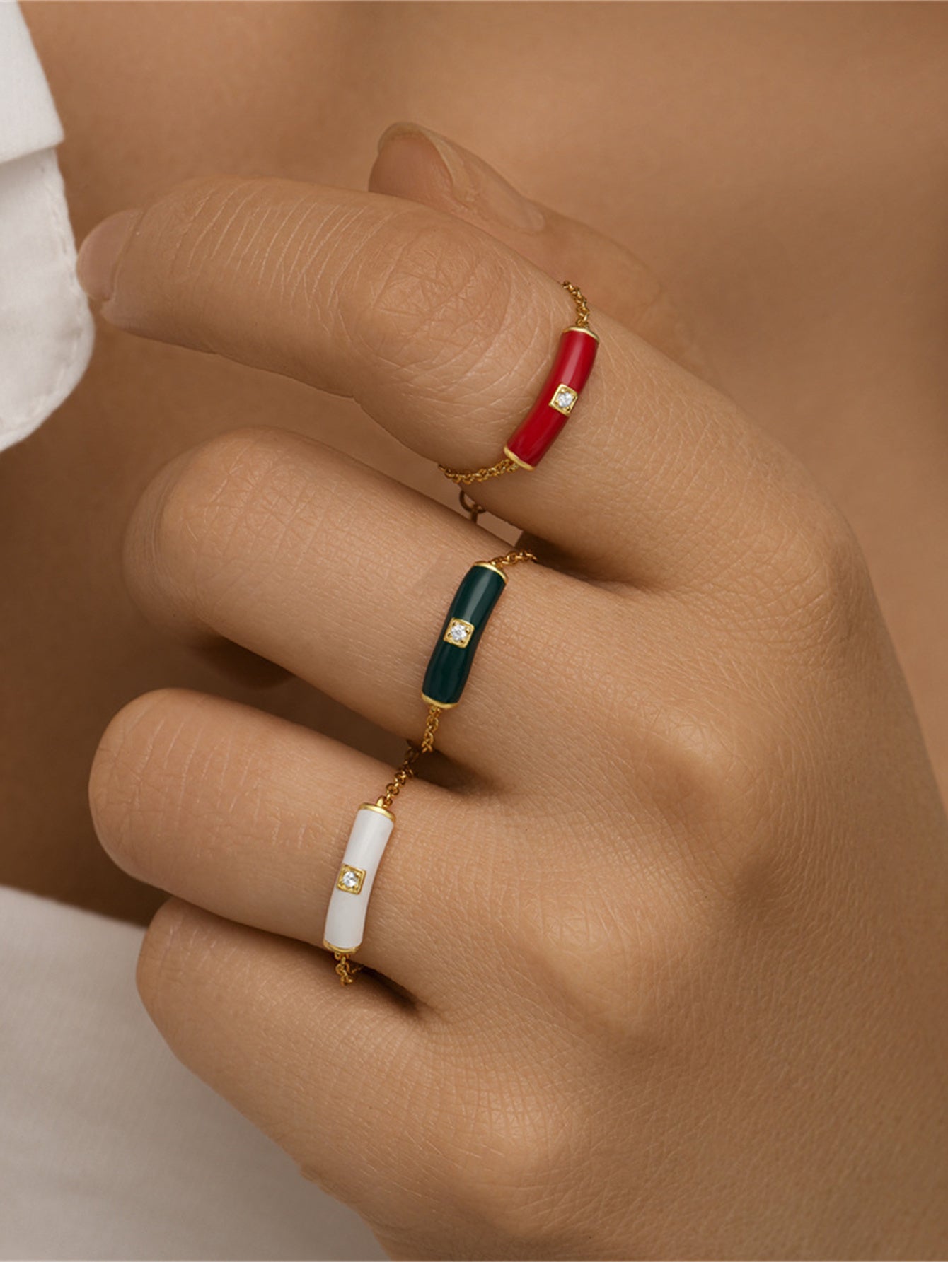 925 Sterling Silver Colorful Ceramic Zircon Chain Ring