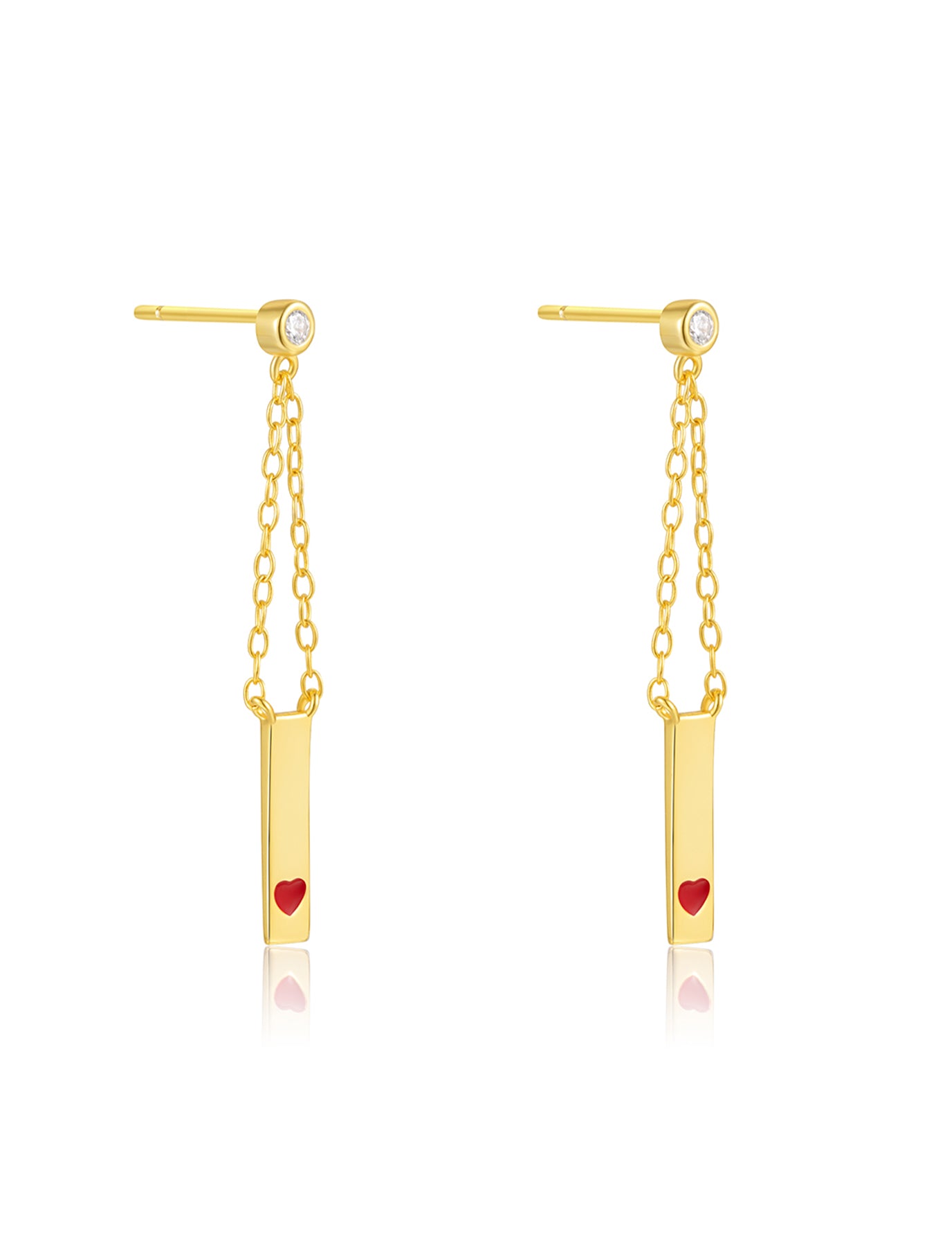 925 Sterling Silver Red Heart Chain Piercing Stud Earrings