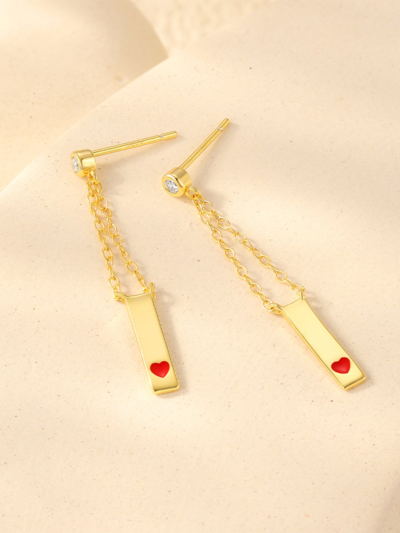 925 Sterling Silver Red Heart Chain Piercing Stud Earrings