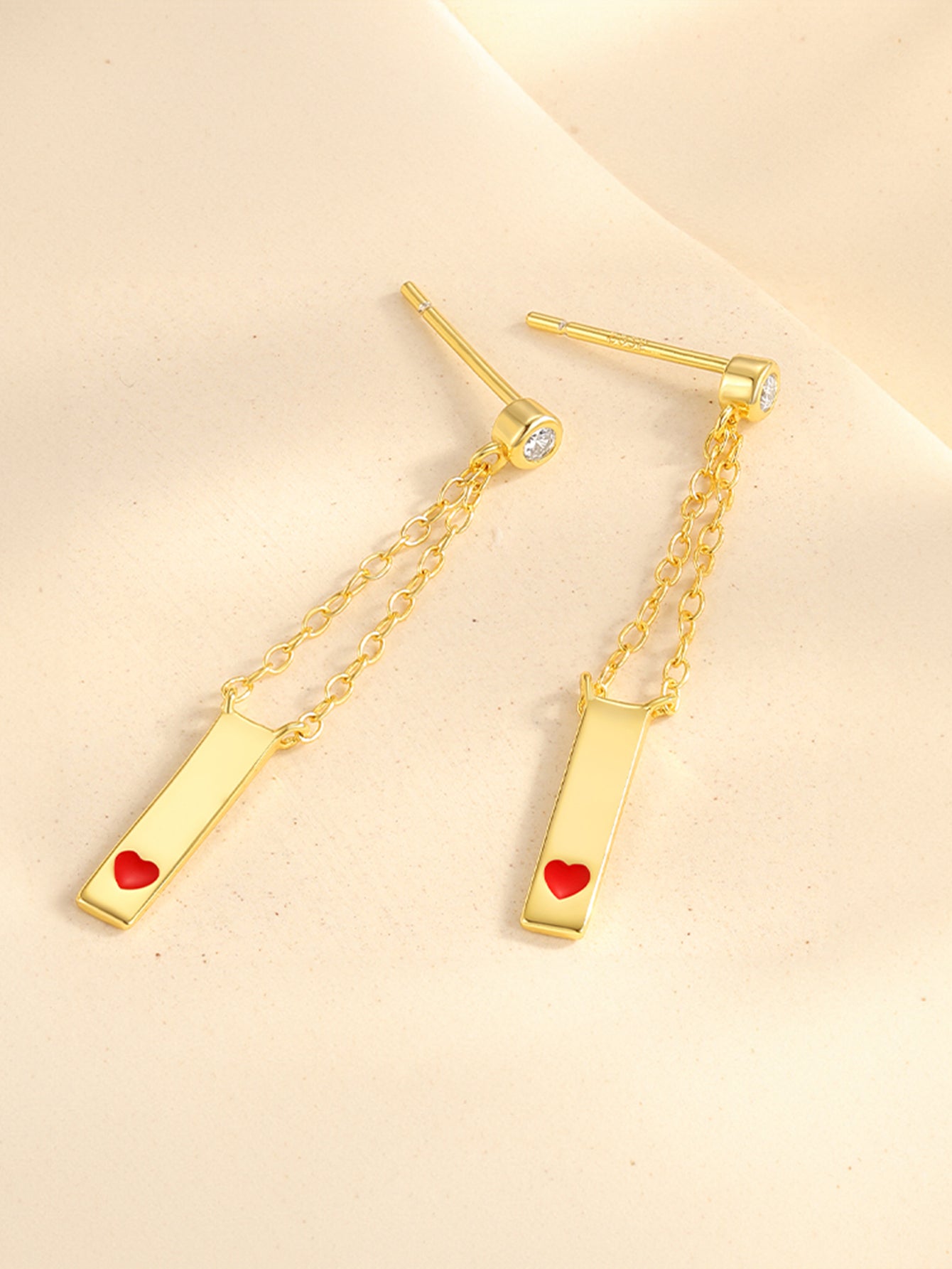 925 Sterling Silver Red Heart Chain Piercing Stud Earrings