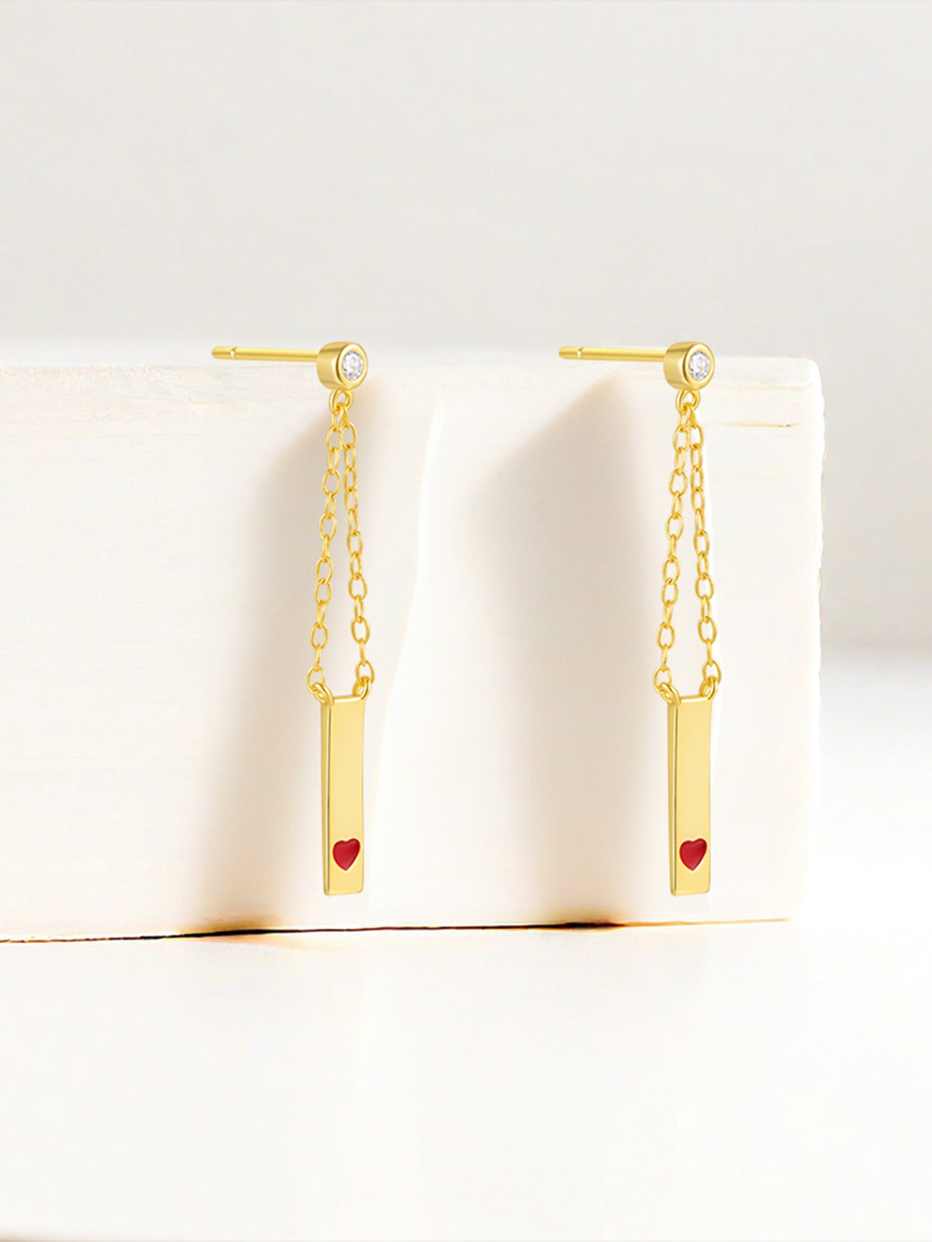 925 Sterling Silver Red Heart Chain Piercing Stud Earrings