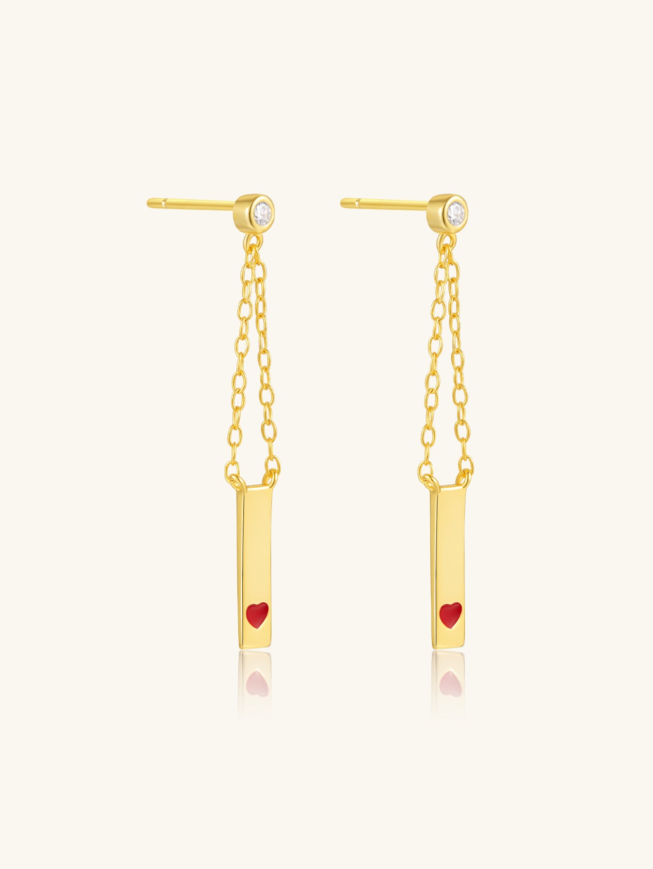 925 Sterling Silver Red Heart Chain Piercing Stud Earrings