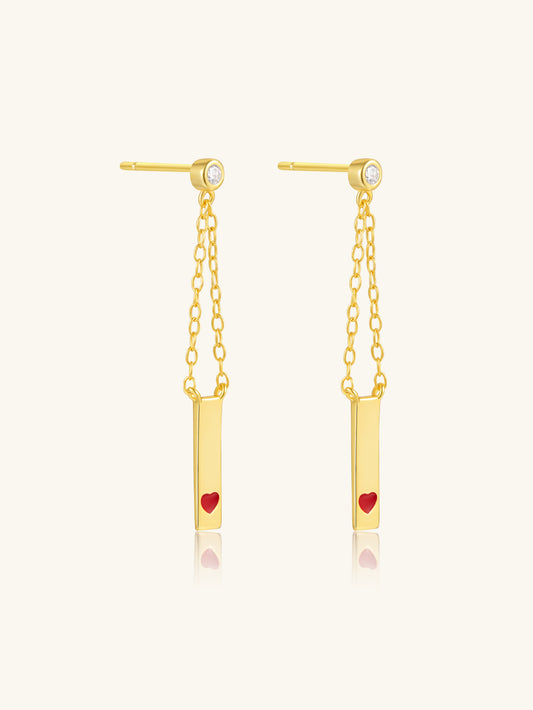 925 Sterling Silver Red Heart Chain Piercing Stud Earrings