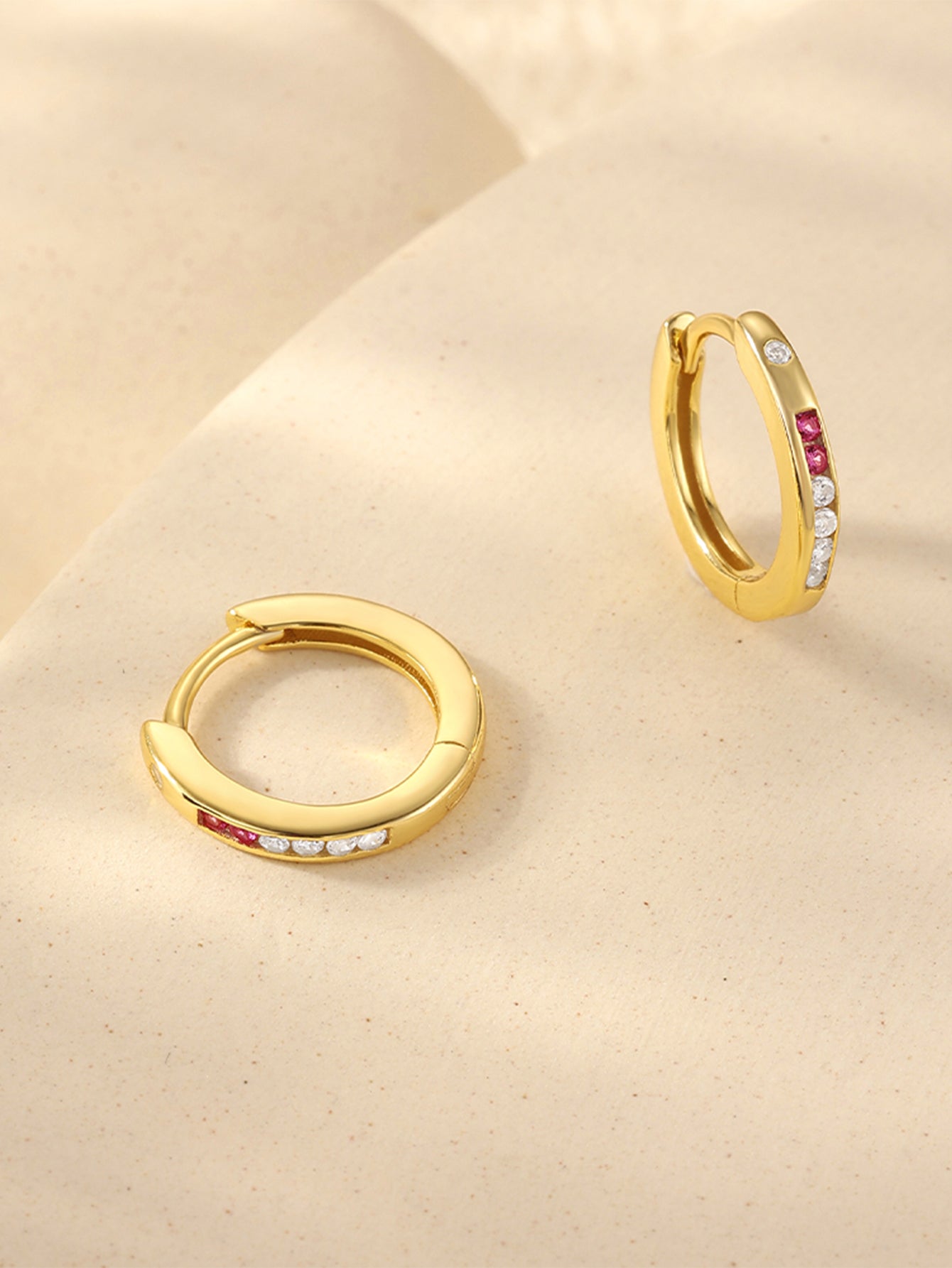 925 Sterling Silver Gold Pink Zircon Huggie Hoop Earrings