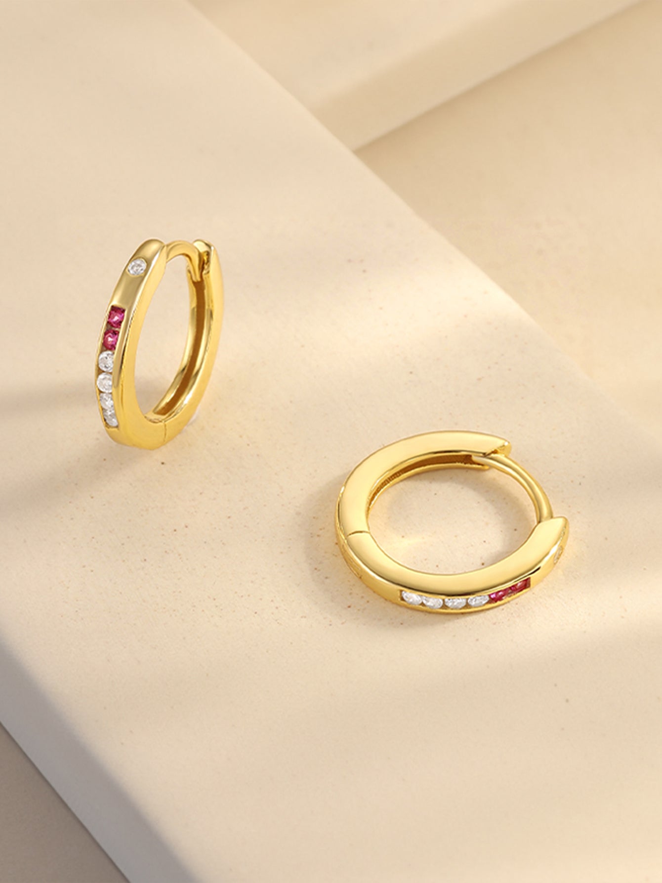 925 Sterling Silver Gold Pink Zircon Huggie Hoop Earrings