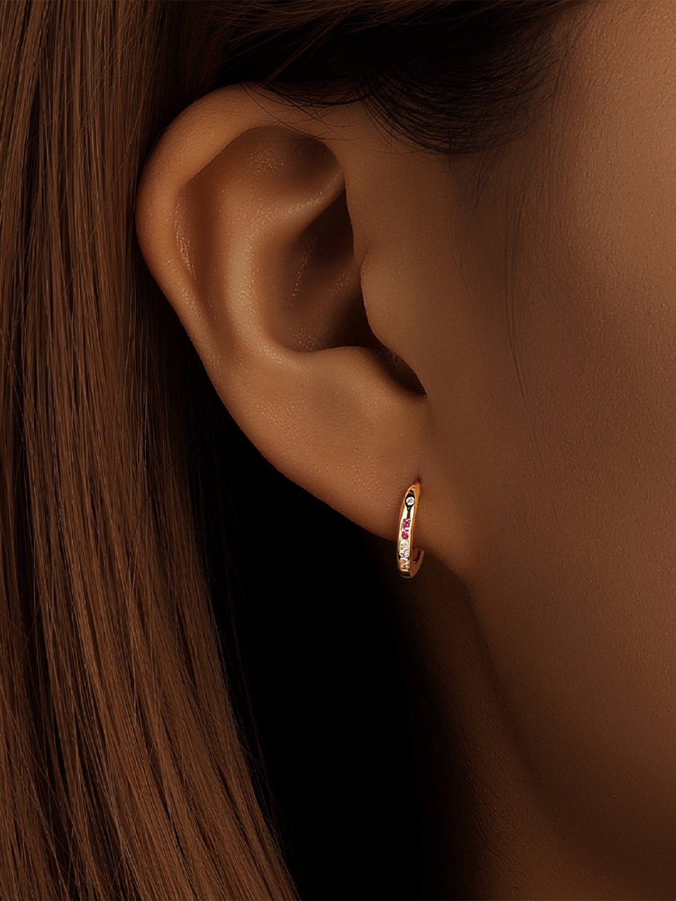925 Sterling Silver Gold Pink Zircon Huggie Hoop Earrings