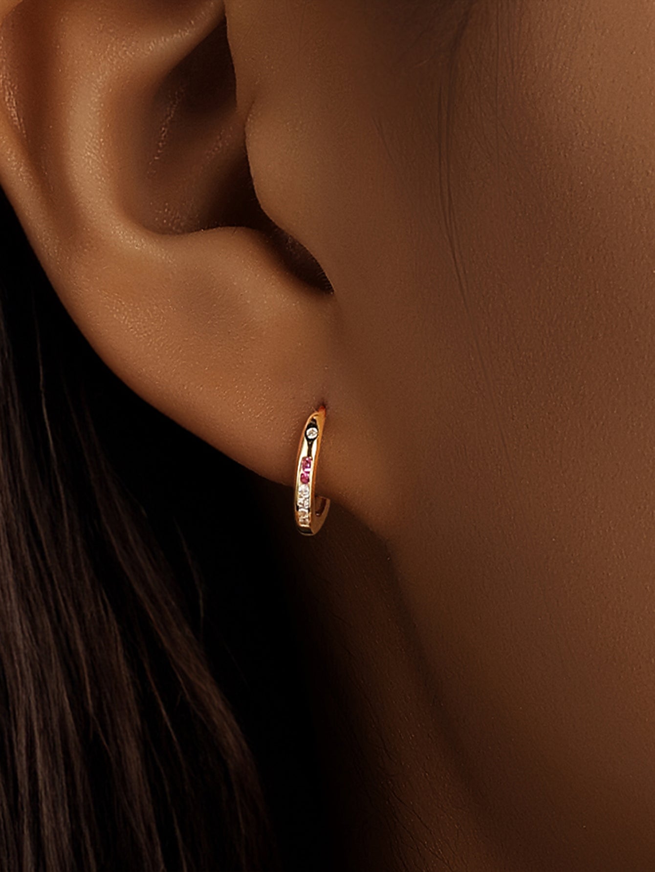 925 Sterling Silver Gold Pink Zircon Huggie Hoop Earrings
