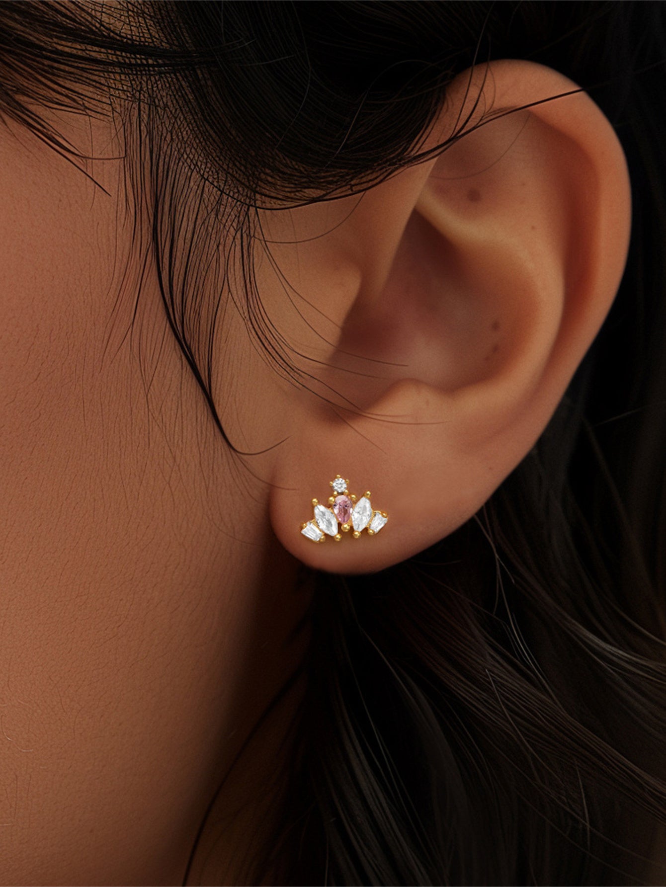 S925 Sterling Silver Openwork Piercing with Pink Zircon