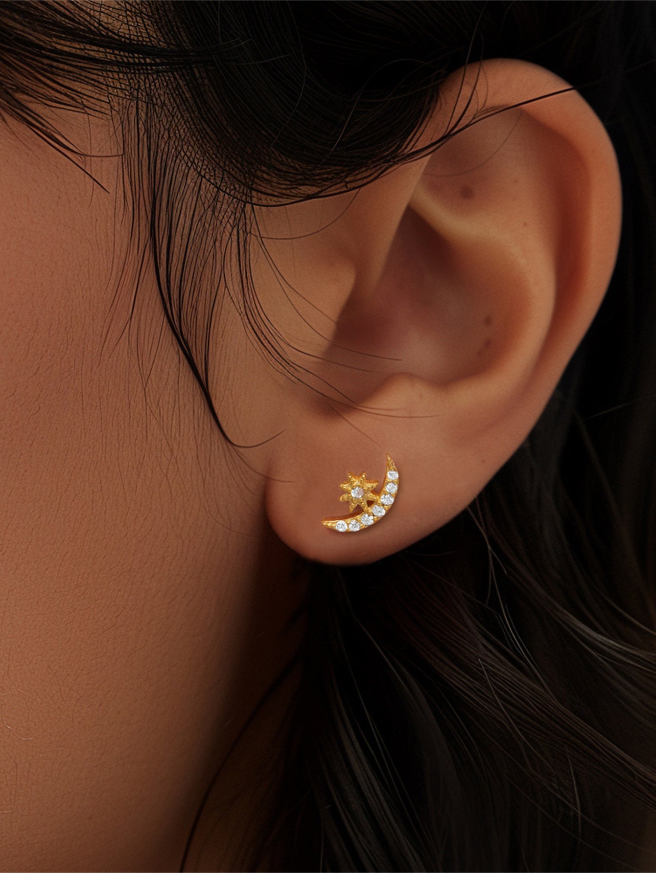 925 Sterling Silver Moon Zircon Flat Back Piercing Stud Earrings