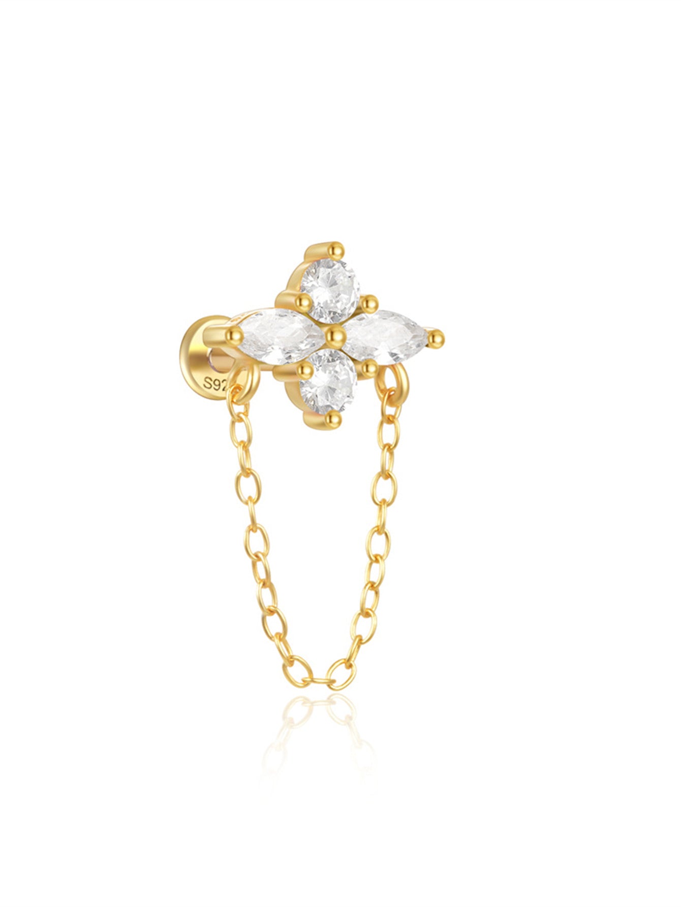 925 Sterling Silver Four-leaf clover Zircon Flat Back Piercing Stud Earrings