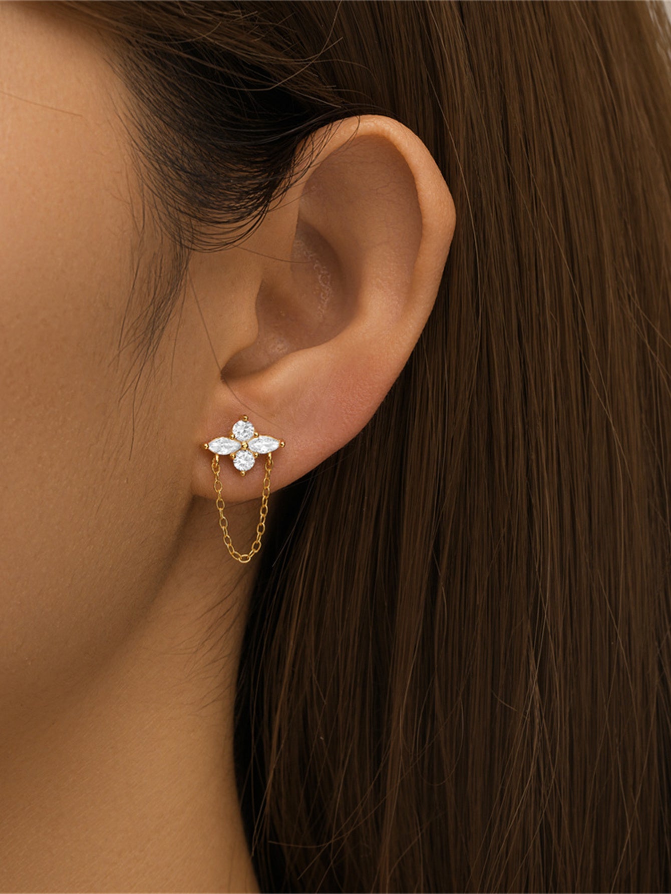 925 Sterling Silver Four-leaf clover Zircon Flat Back Piercing Stud Earrings