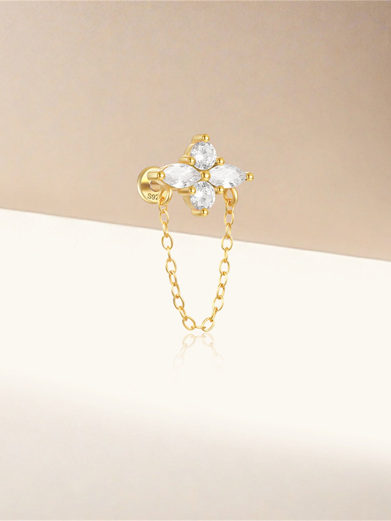 925 Sterling Silver Four-leaf clover Zircon Flat Back Piercing Stud Earrings