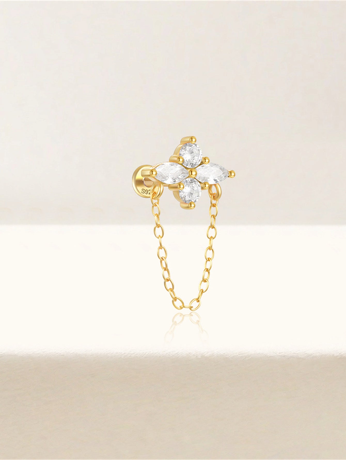 925 Sterling Silver Four-leaf clover Zircon Flat Back Piercing Stud Earrings